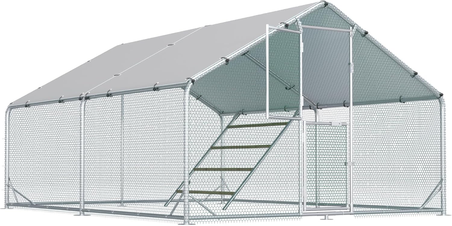 Large Chicken Coop Metal Chicken Run for Yard with Feeding Door Walk-in Chicken Pen for 10-20 Chickens Outdoor Poultry Cage with Anti-UV Cover
