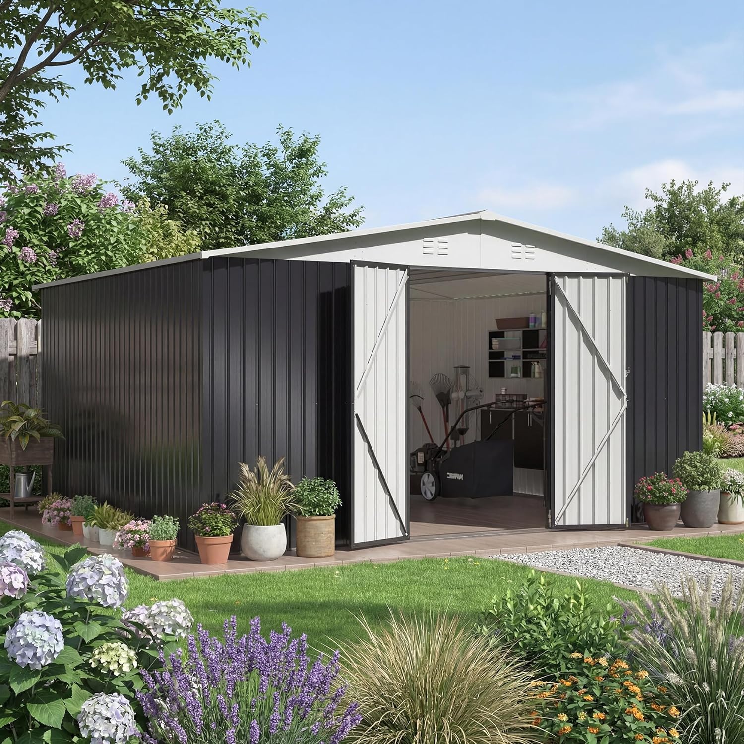12x14 FT Storage Shed Garden Shed with Updated Frame Structure and Lockable Doors  Metal Tool Sheds for Backyard Garden Patio Lawn White