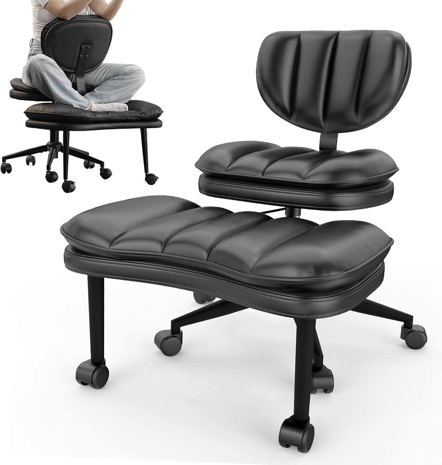Cross Legged Office Chair, Ergonomic Cloud Criss Cross Desk Chair, Meditation Chair with Wheels, Height Adjustable Seat for ADHD, Wide Kneeling Chair with Back Support, Matte Black