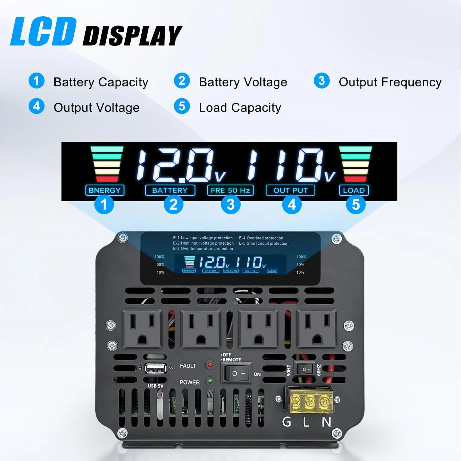 5000 Watt Power Inverter 12V to 110V 120V for Vehicle, Solar Inverter System, Heavy Duty, RV, Truck, Off Grid,Camping with 4 AC Outlets, LCD Display, Wireless Remote Control, Car Power Inverter