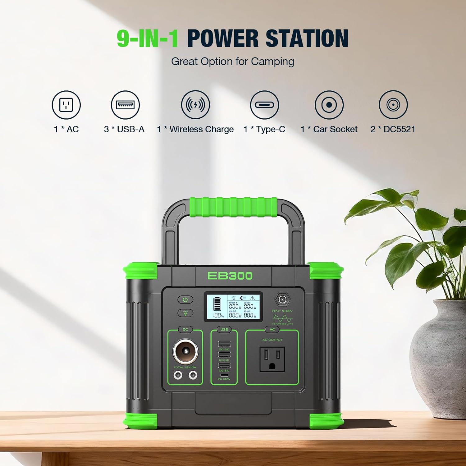 Portable Power Station 330W  288.6Wh Solar Generator with 60W USB-C PD Output  110V Pure Sine Wave AC Outlet  5W Wireless Charging  330W Backup Lithium Battery for Outdoor Camping Travel Hunting Home