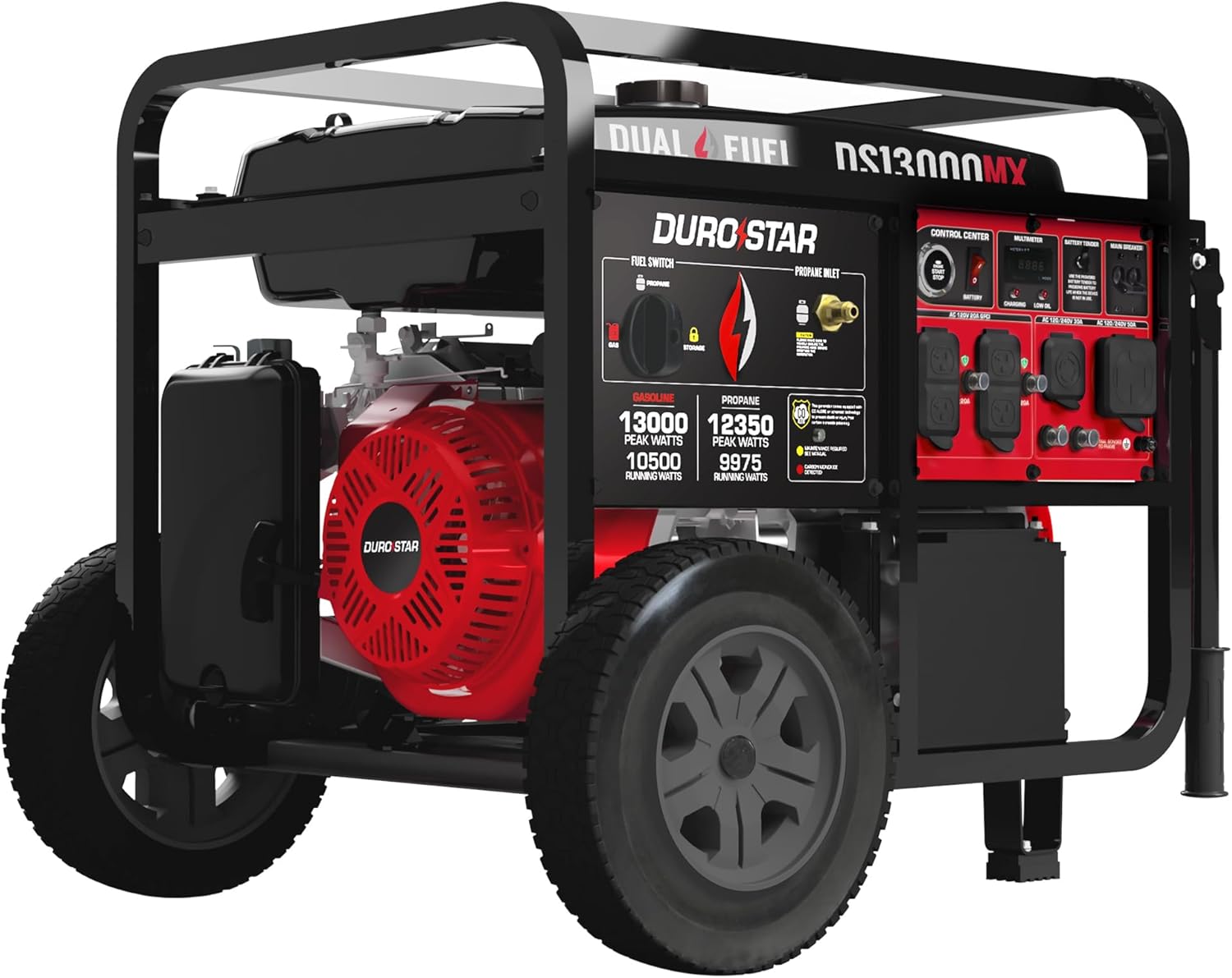 DuroStar DS13000MX 13 000-Watt 500cc Dual Fuel Portable Generator - Gas and Propane  Remote Electric Start  Whole Home Power Backup  Transfer Switch Ready  RV & Emergency Ready