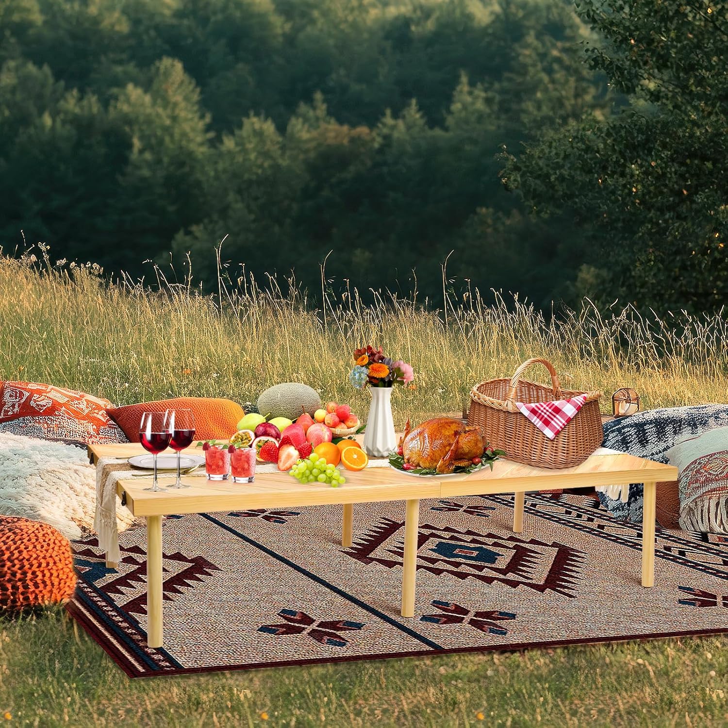 Folding Picnic Table with Table Runner  Portable Boho Low Picnic Table for Indoor Outdoor  60