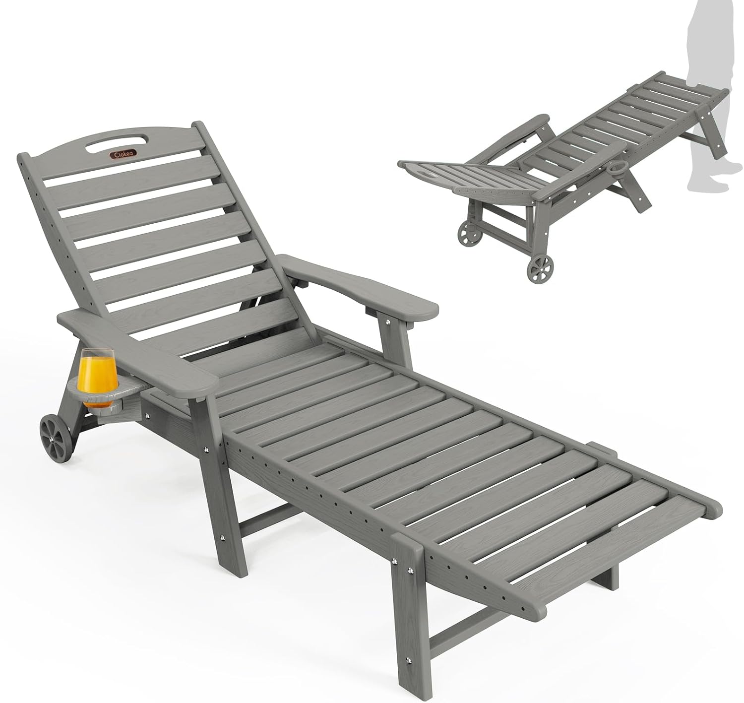 Ciokea Lounge Chair Outdoor  Oversized Chaise Lounge Chair with 5 Positions  HDPE  Patio Lounge Chair with Wheels & Cup Holder for Pool  Deck  Poolside  Grey