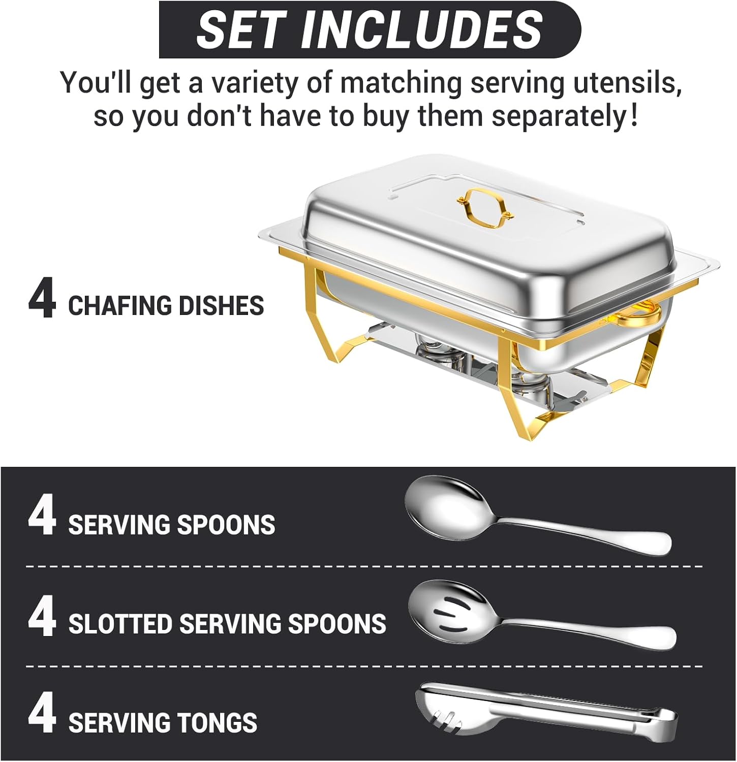 Chafing Dishes for Buffet, 8 Qt High Grade Chafing Dish Buffet Set, Full Size Pan, Rolled-Edge Design Food Warmers for Parties, Buffet, Wedding, Birthday, Camping 4 Pack [Half Gold]