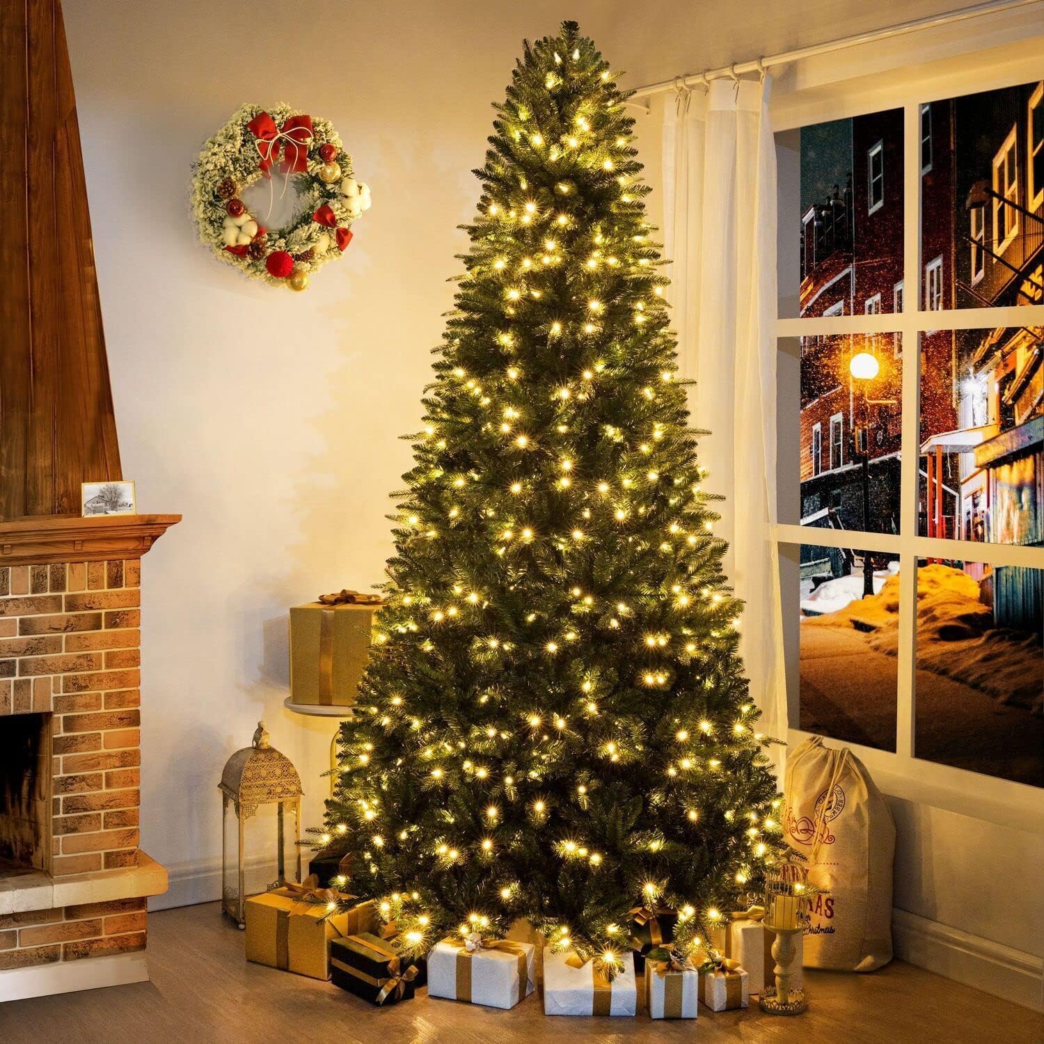 Naomi Home Traditional 7.5ft Prelit Artificial Christmas Tree with 1746 Branch Tips, 550 Warm Lights and Metal Stand, 52