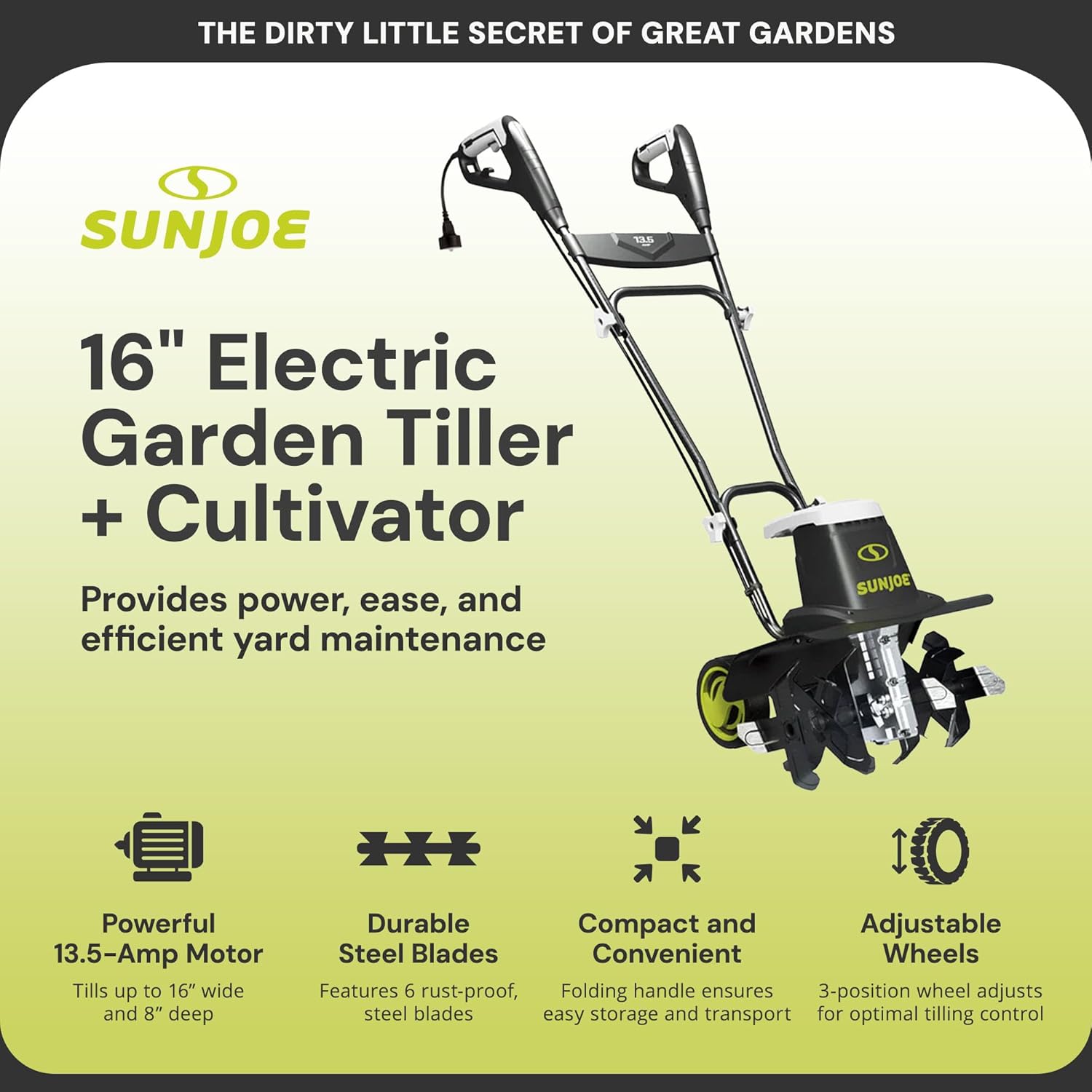 Sun Joe Corded Electric Garden Tiller & Cultivator with Steel Tines  16 Inch  13.5-Amp Motor - Heavy-Duty Tilling Machine for Lawn  Yard  and Gardening Care  TJ604E
