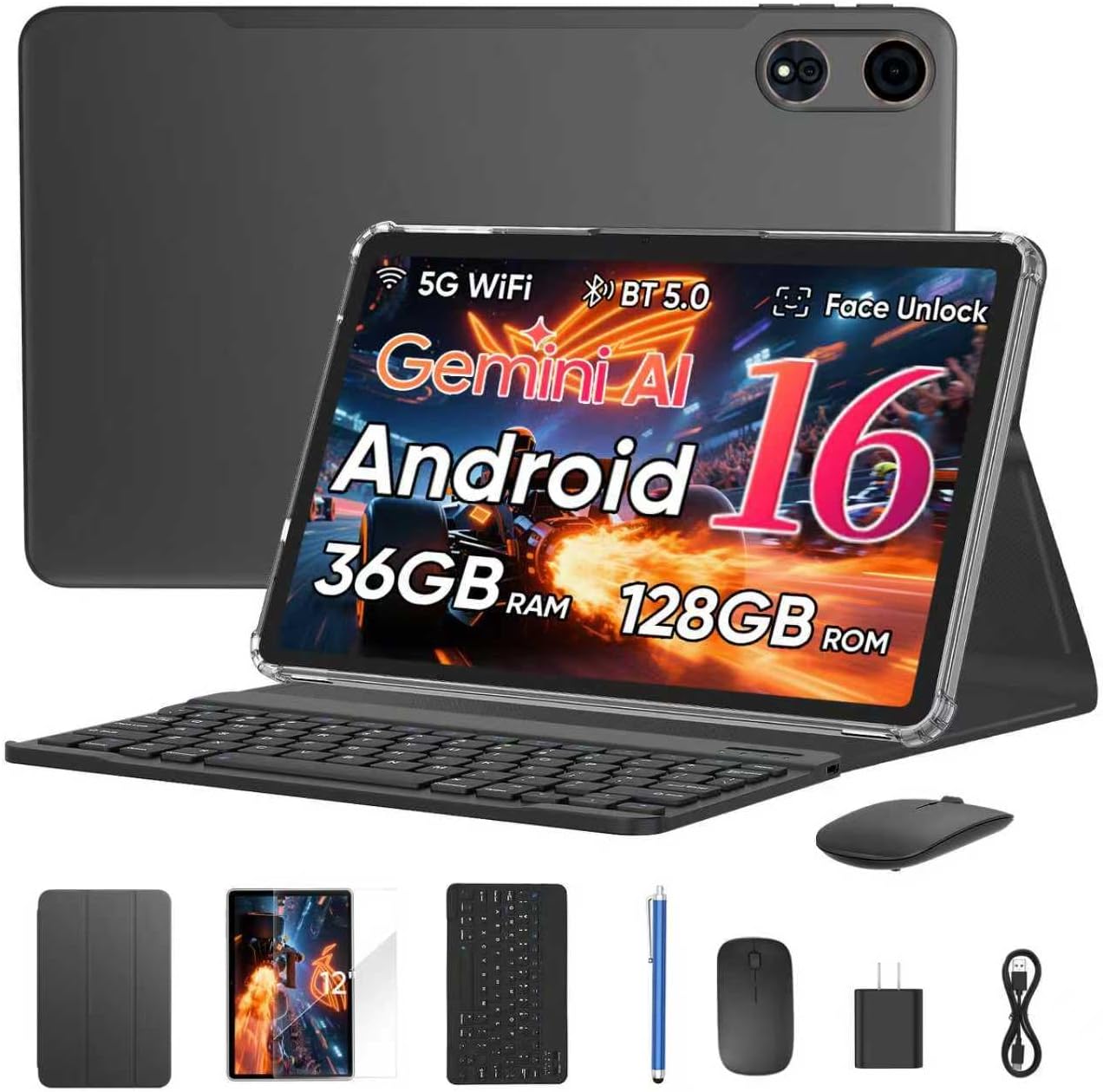Android 16 Tablet 12 inch Tablets  36GB RAM + 128 Storage(Expandable up to 2TB)  2 in 1 Tablet with Keyboard Case Mouse Stylus  Octa-Core  2K Display  18 MP Dual Camera  8000mAh  5GWiFi  GPS