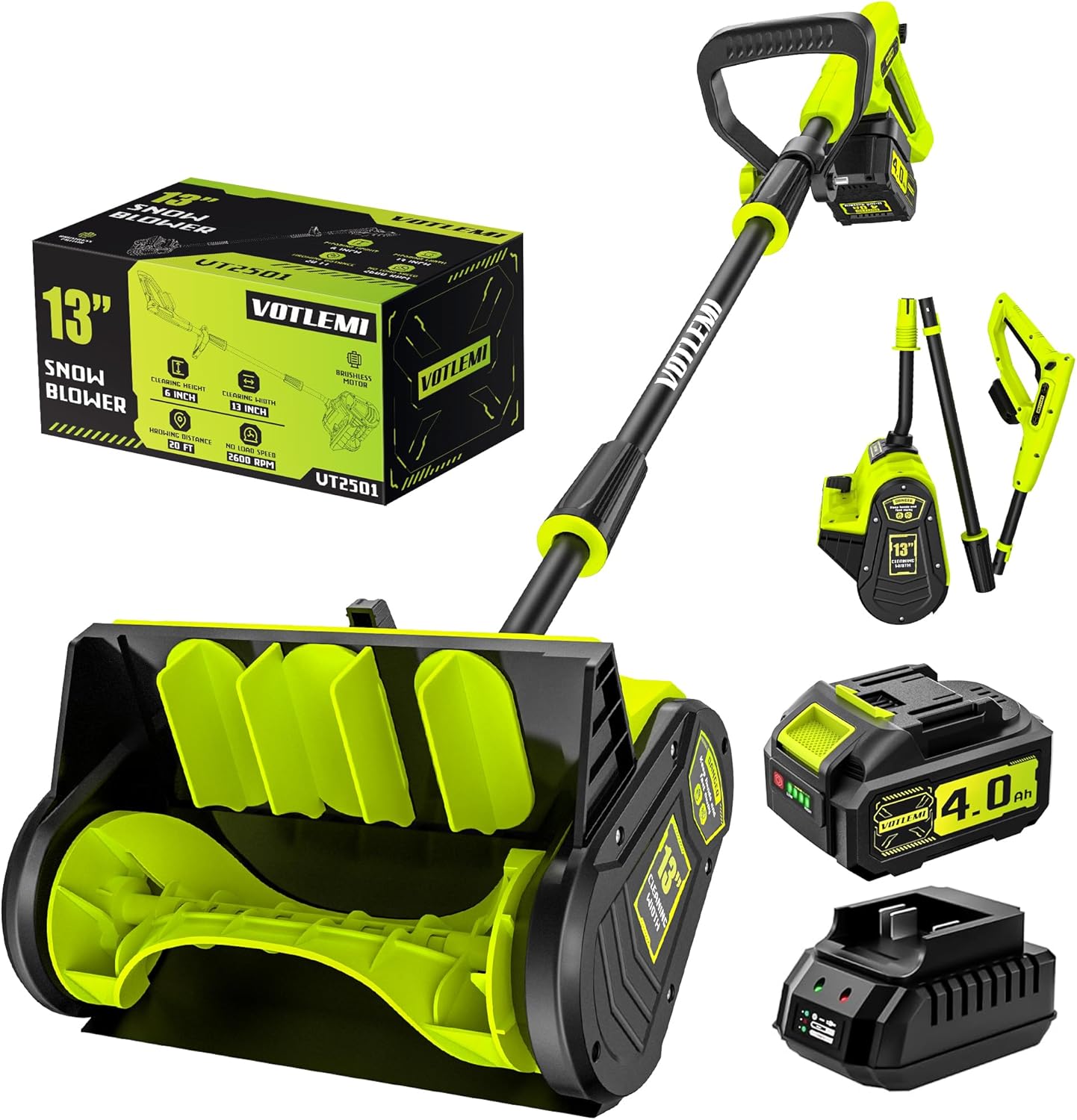 40V Cordless Snow Shovel  13 Inch 4.0Ah Electric Snow Shovel with Directional Plate  Brushless Cordless Snow Blower for Pathway  Patio  Deck  Driveway  Green