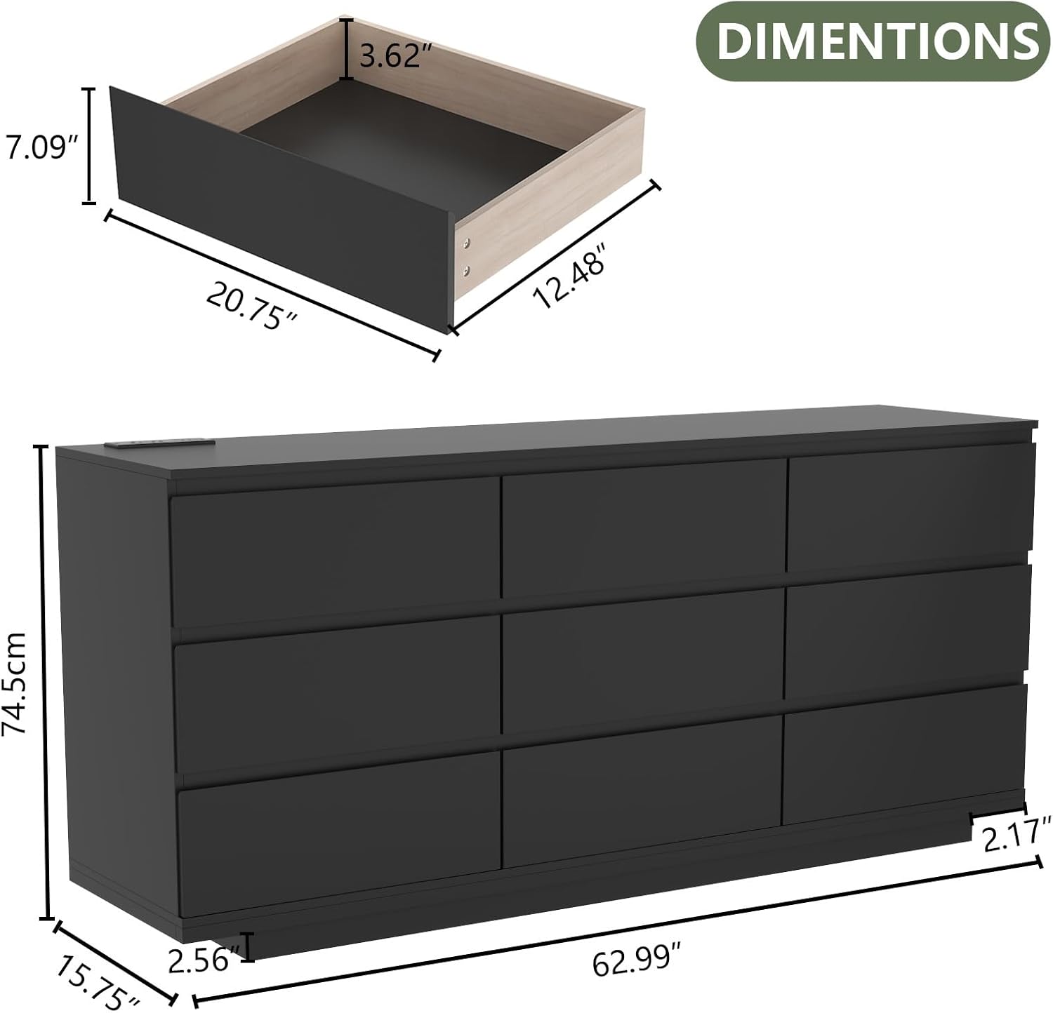 9 Drawer Dresser with Power Outlet, Floating White Dresser Chest of Drawer with LED Light,Modern Double Wide Drawer Organizer Cabinet for Bedroom,Living Room (9 Drawer-Black)