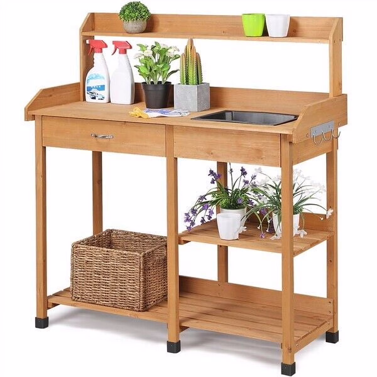 Veado Potting Bench Outdoor Garden Work Bench Station Planting Solid Wood Construction for Horticulture w/Sink Drawer Rack Shelves Natural Wood