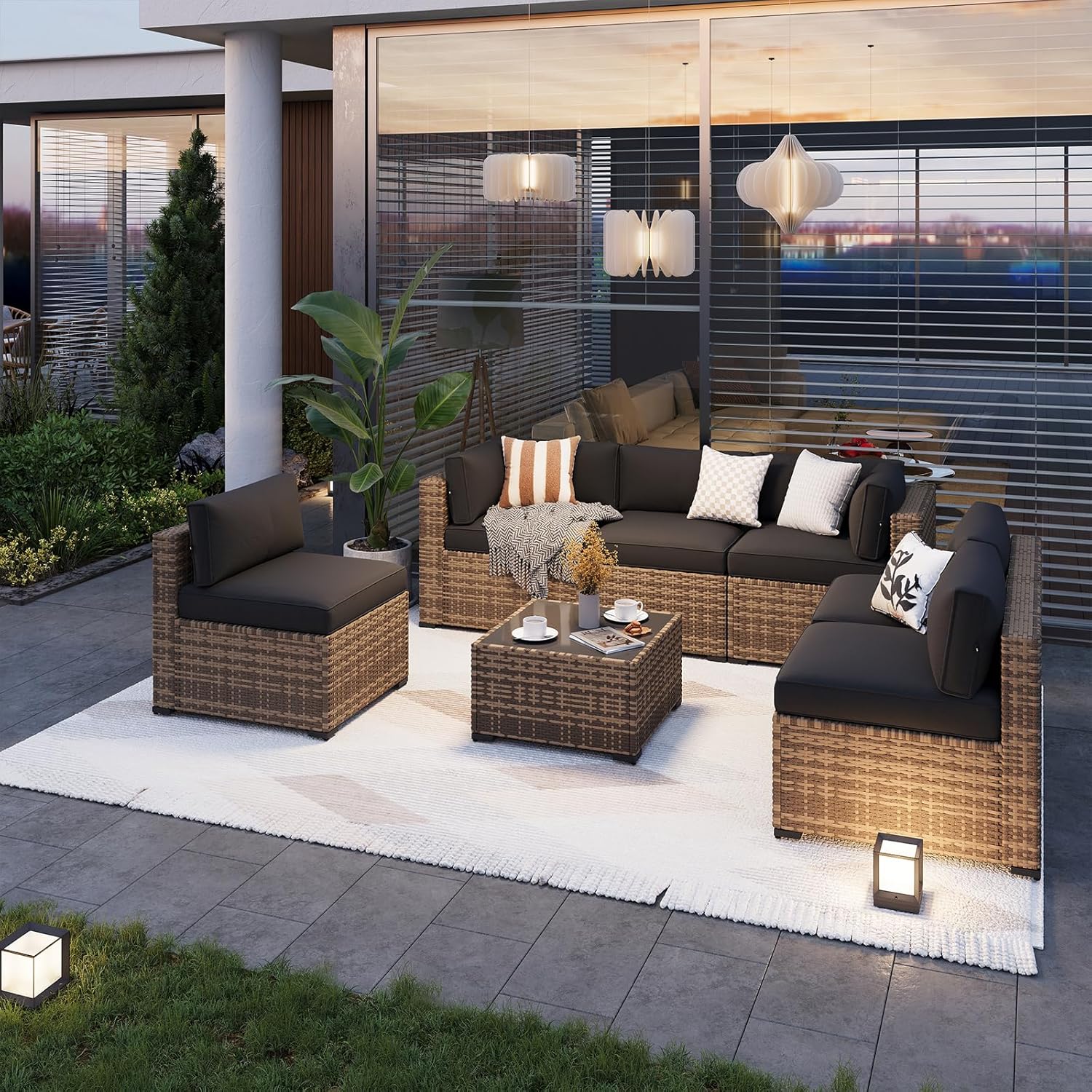 Aoxun Patio Furniture Sets  7-Piece Outdoor Patio Furniture with Thick Cushions  Wicker Outdoor Conversation Set Sectional Sofa for Backyard  Poolside  Garden