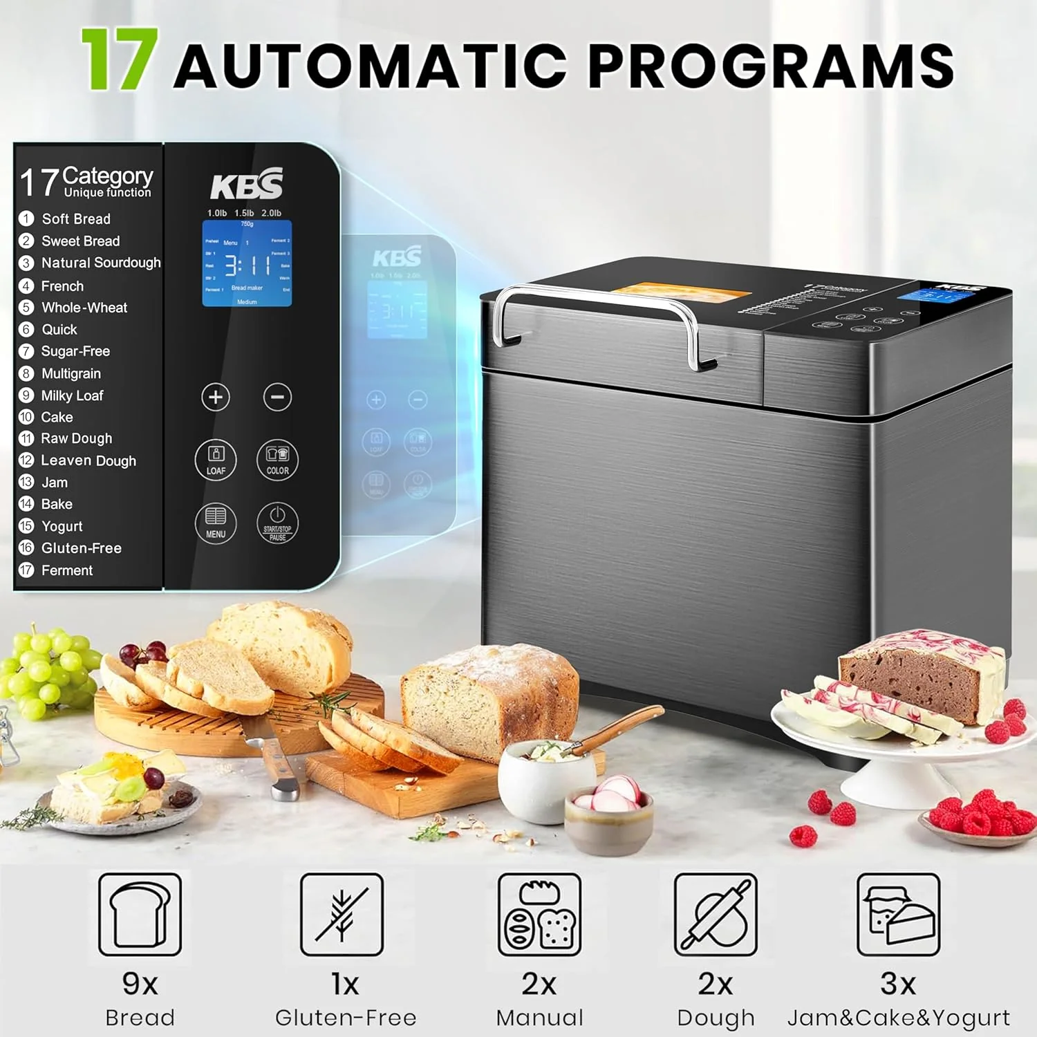 A 17-function integrated bread machine - dual heaters, 710 watts, stainless steel material - gluten-free, dough maker, jam, yogurt, program control, automatic nutrition dispenser, ceramic baking tray and touch panel, 3 types of bread sizes, 3 types o