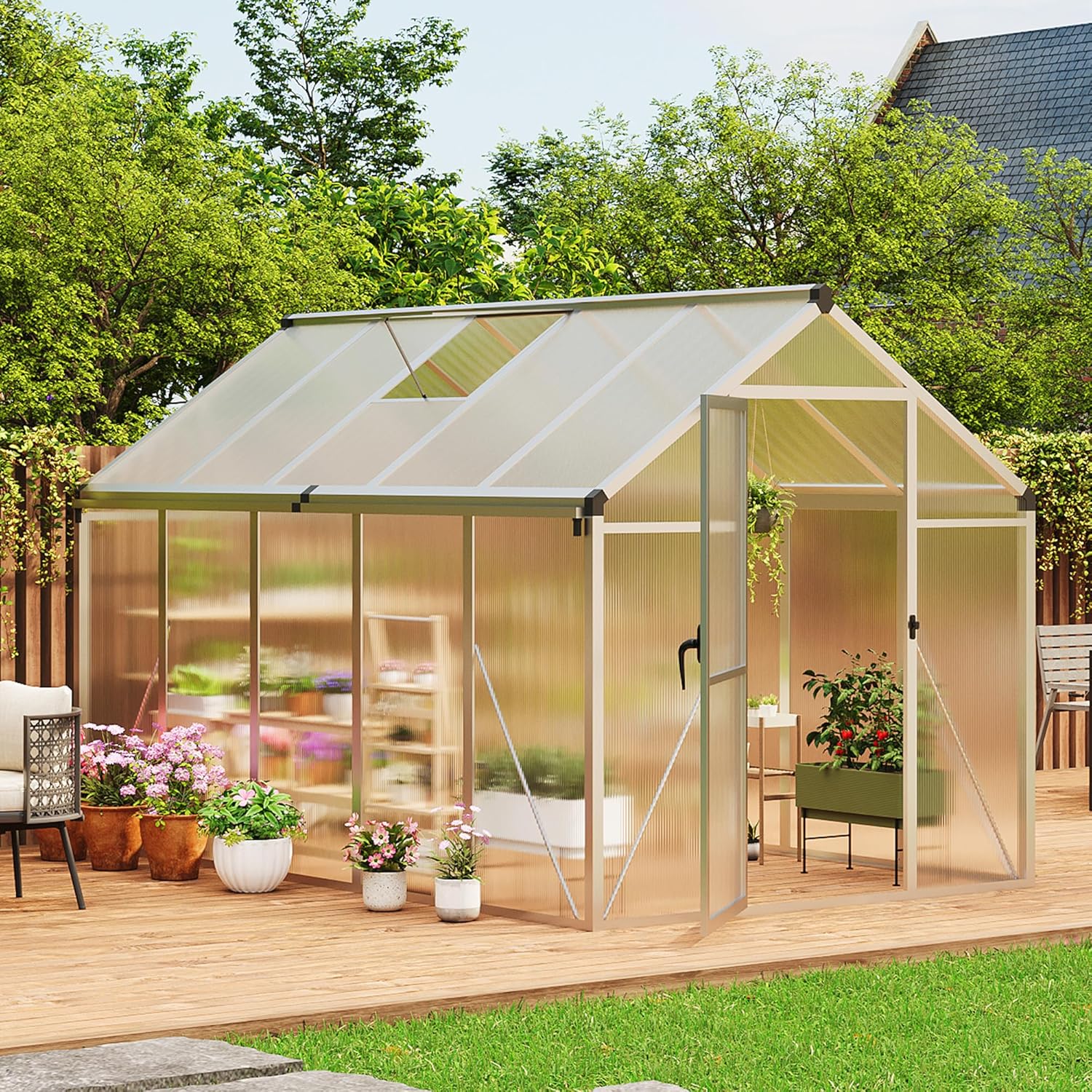6 x 10 ft Greenhouse  Greenhouses for Outside  Polycarbonate Greenhouse with Aluminum Frame  Lockable Door and Ajustable Roof Vent for Backyard  Green Houses for Outside Garden Backyard  Patio