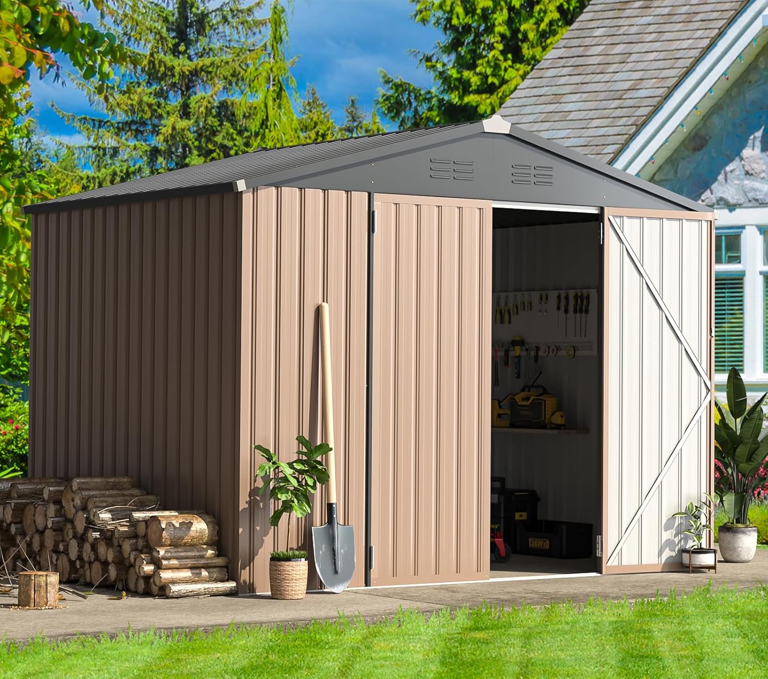 AECOJOY 8' x 6' Metal Storage Shed for Outdoor  Steel Backyard 6x8 Sheds & Outdoor Storage with Lockable Doors  Utility and Tool Storage for Garden  Backyard  Patio  Outside use