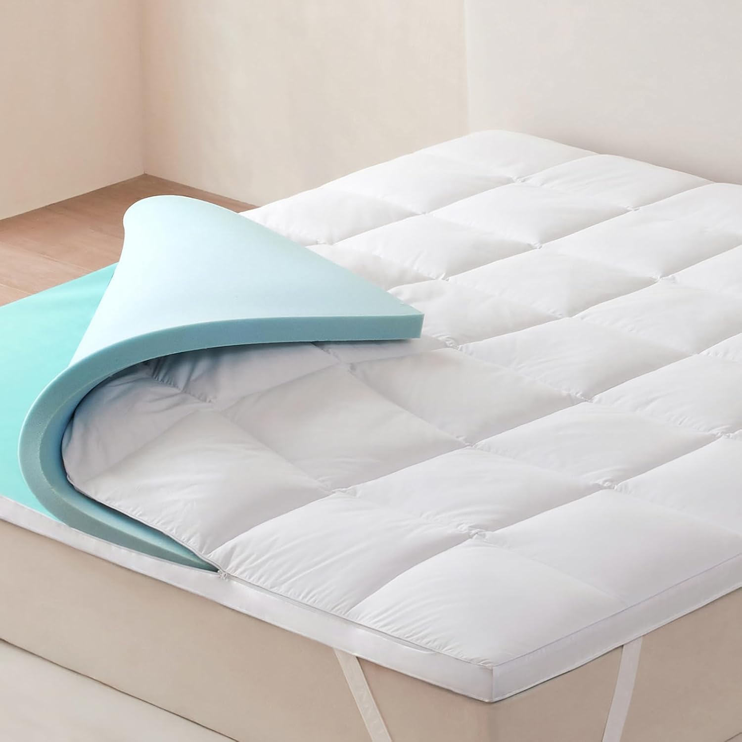 Dual Layer 2 Inch Memory Foam Mattress Topper King Size, 1.5 Inch Cooling Gel Memory Foam and 0.5 Inch Goose Down Fibers Mattress Pad Cover for Pressure Relieving(78