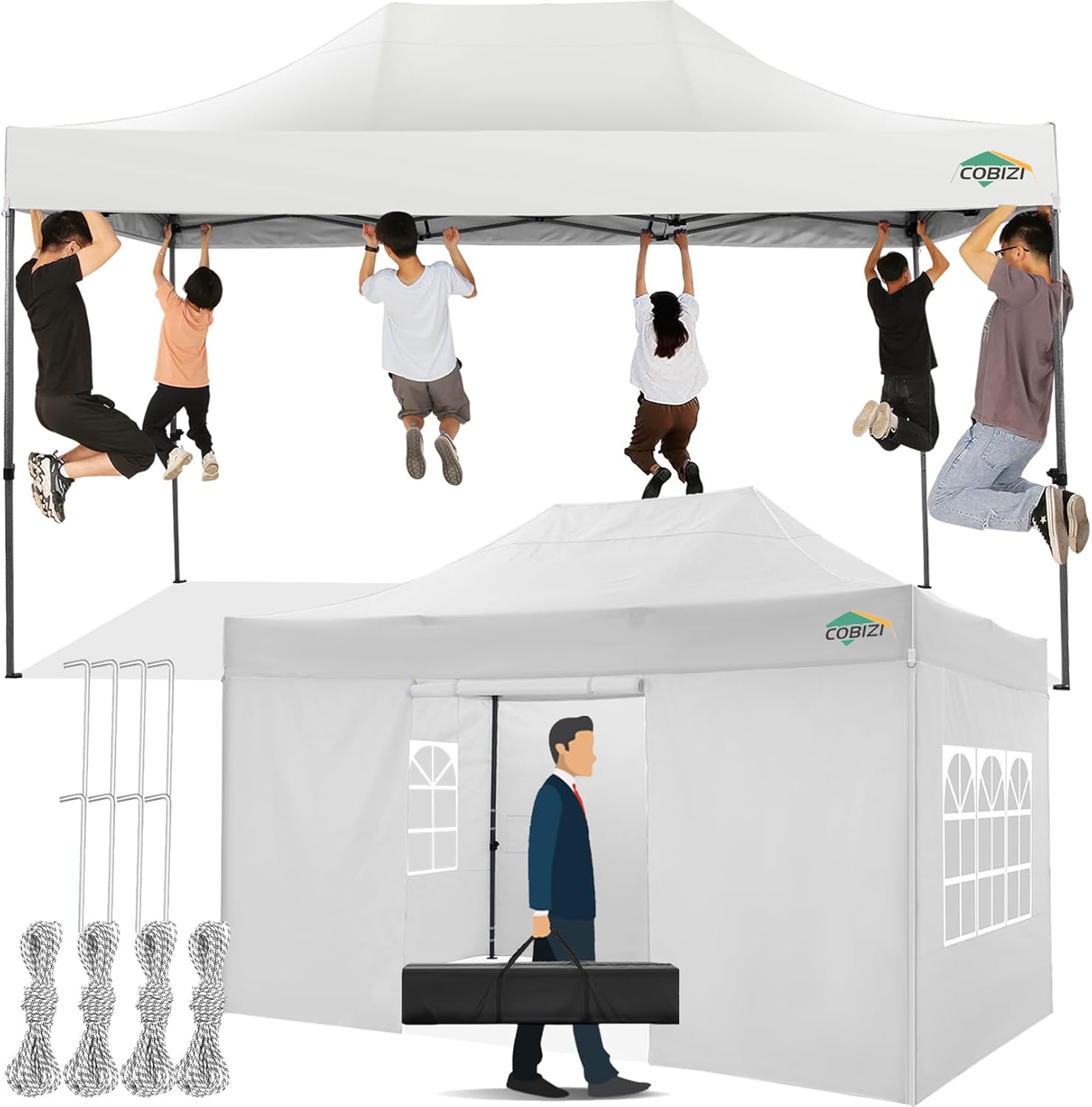 COBIZI 10x15 Pop up Canopy Tent 10x15 Canopy with 4 Sidewalls Waterproof Heavy Duty Commercial Canopy for Parties Outdoor Garden Gazebo Tent  Carry Bag(10x15ft  White)