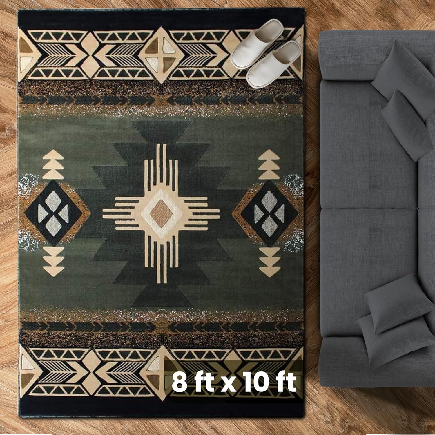 YHSF South West Native American Area Rug C318 - Easy Clean, Thick, Soft, Durable Native Tribal American Indian Inspired Rug for Bedroom/Living Room and More - Sage Green, 8 Feet x 10 Feet