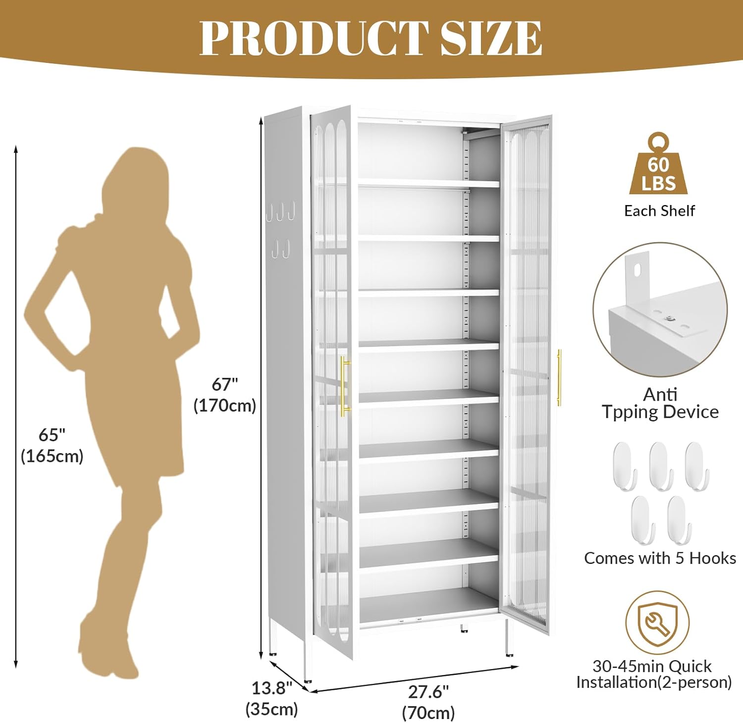 9-Tier Large Metal Shoe Storage Cabinet with Fluted Acrylic Doors & 8 Adjustable Shelves, Holds 27-36 Pairs, 67