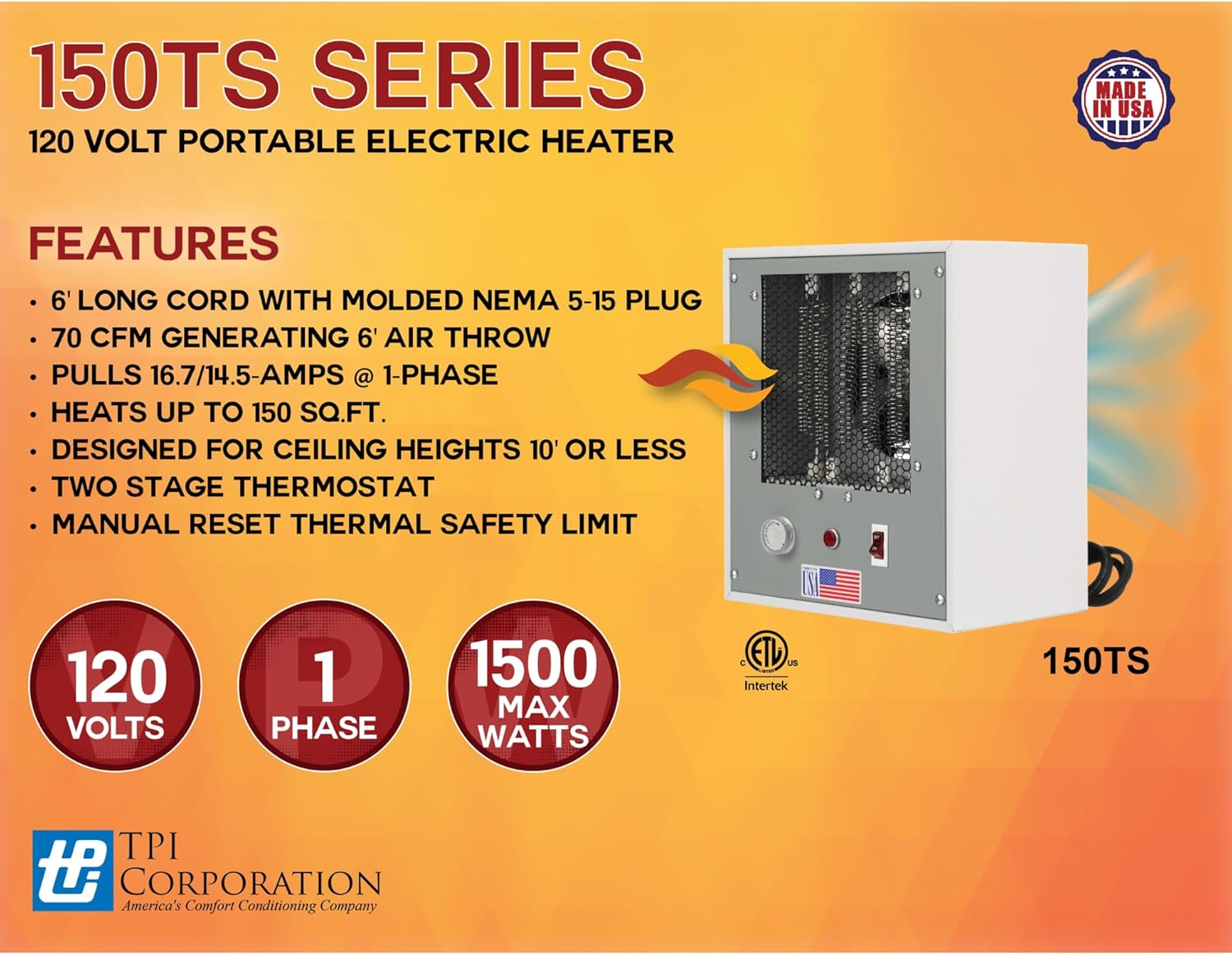 TPI 150TS Series, Portable Electric Space Heater for Office & Shop — 120V Heavy Duty Heater for Indoor Rooms & Garage, Tan