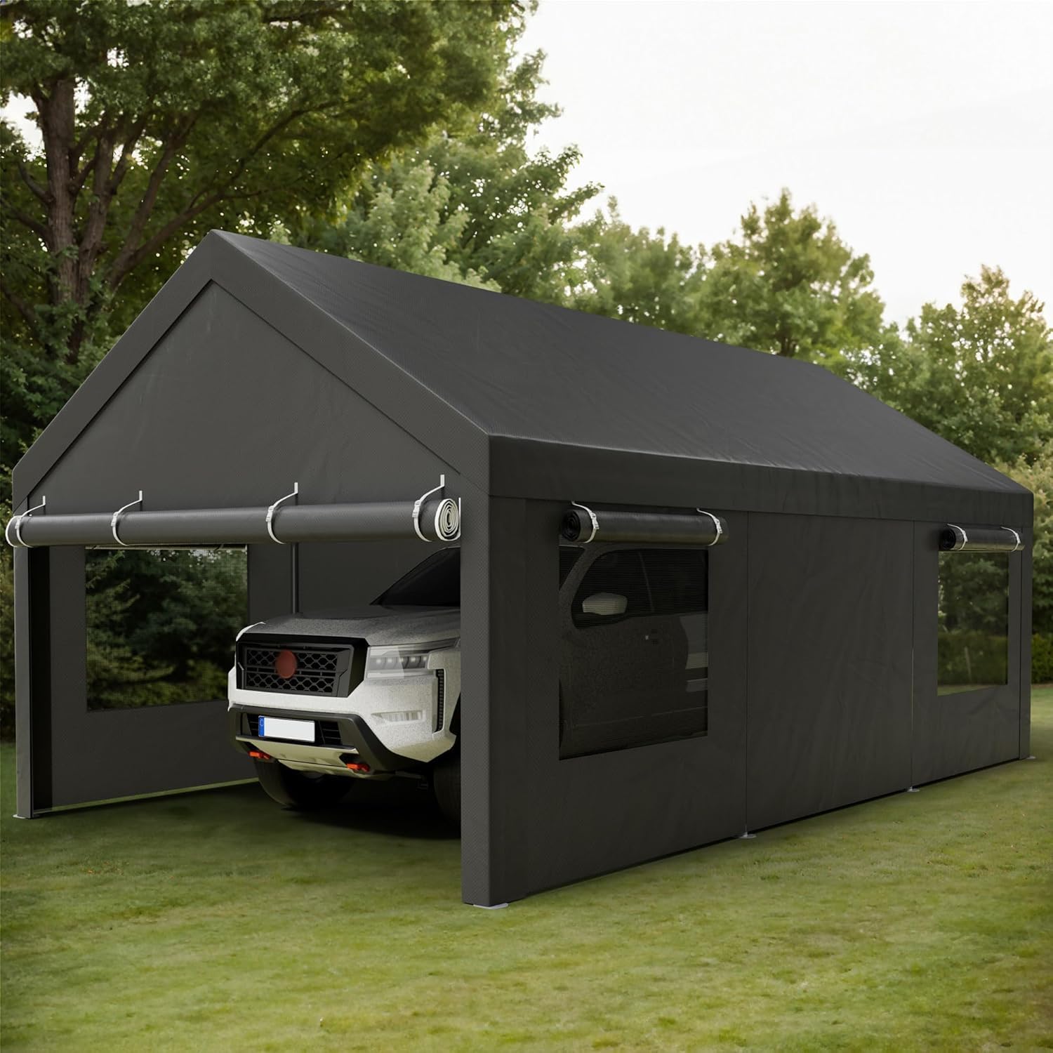 Shintenchi 12x20 FT Heavy-Duty Design Carport Portable Garage Canopy Carport Canopy with Side-Opening Removable Door & Roll-Up Window Portable Car Port for Car  Truck  Boat Grey