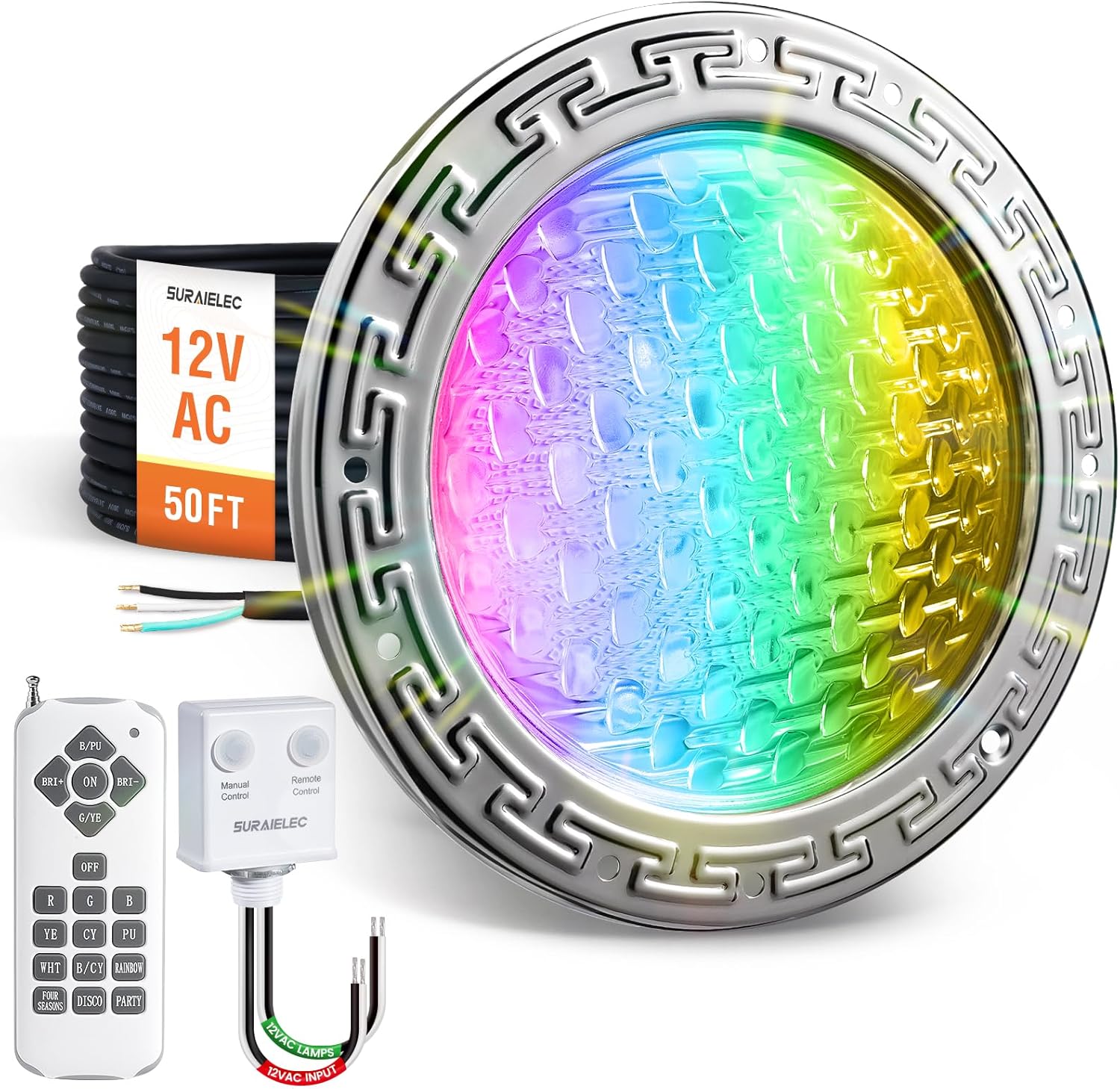 SURAIELEC 12V AC Pool Lights for Inground Pool  10 inch Color Changing LED Pool Light with Remote Control  300W Equivalent  Underwater Swimming Pool Light Fixture for Large Wet Niches  50FT