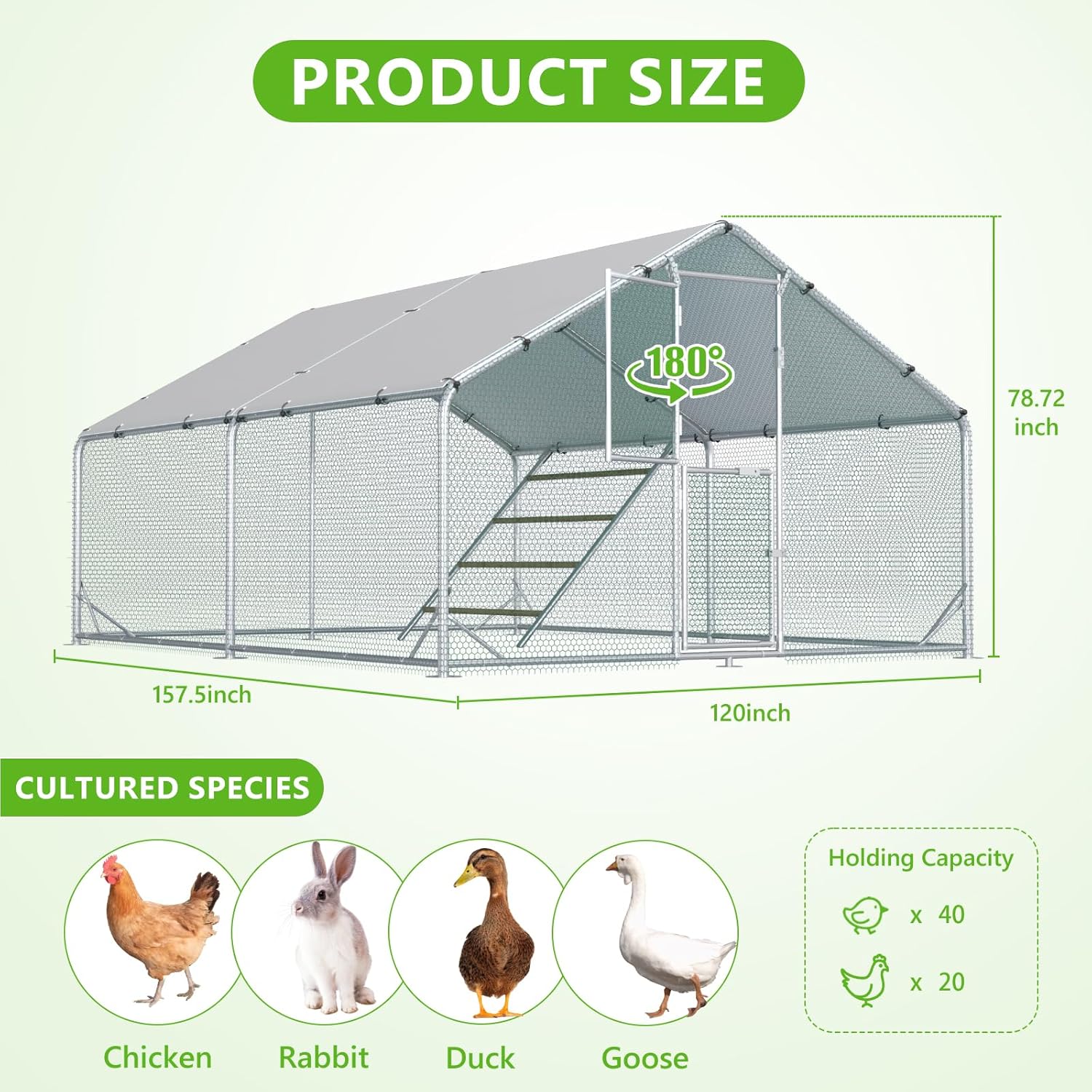 Large Chicken Coop Metal Chicken Run for Yard with Feeding Door