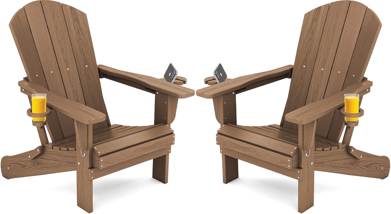 SERWALL Adirondack Chair with Cup Holders - Composite Adirondack Chairs Set of 2 HDPE Outdoor Chairs All Weather Use- Brown