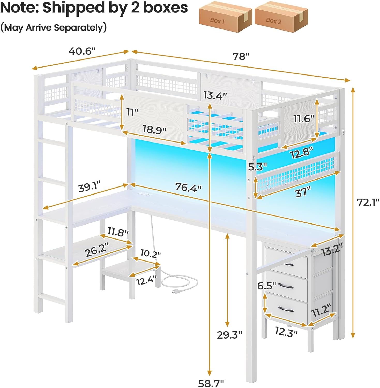 ADORNEVE Loft Bed Twin Size with L-Shaped Desk, LED Lights,Charging Station, Twin Metal Loft Bed Frame with Fabric Drawers & Shelve, 13.4