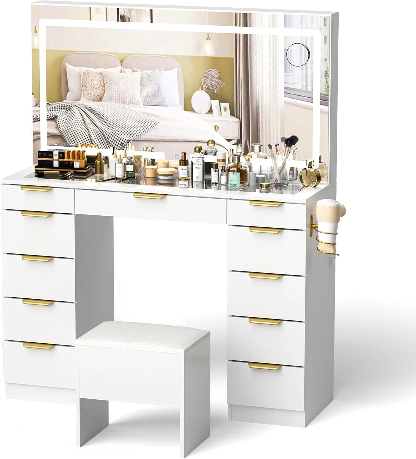 Glass Top Vanity Desk with Mirror and Lights, 11 Drawers Makeup Vanity with Golden Handles, 3 Lighting Modes Upgraded Silent Slides Vanity Desk with Bench, Portable Mirror and Power Putlet