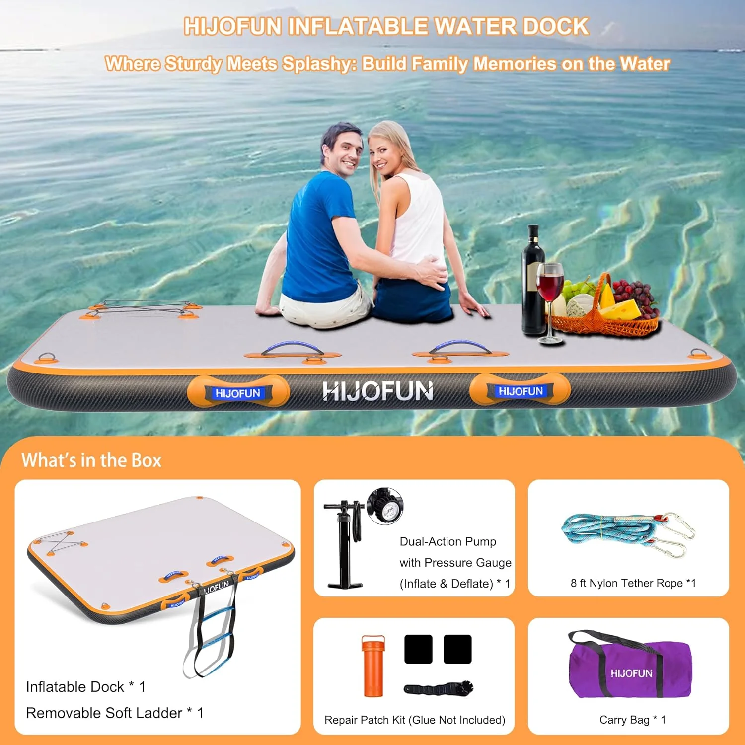 Inflatable floating dock platform - 6-inch thick military-grade polyvinyl chloride material, EVA anti-slip deck | Suitable for heavy-duty floating pads for boats, water motorcycles and swimming in lakes and oceans | Capacity 455 - 1309 pounds