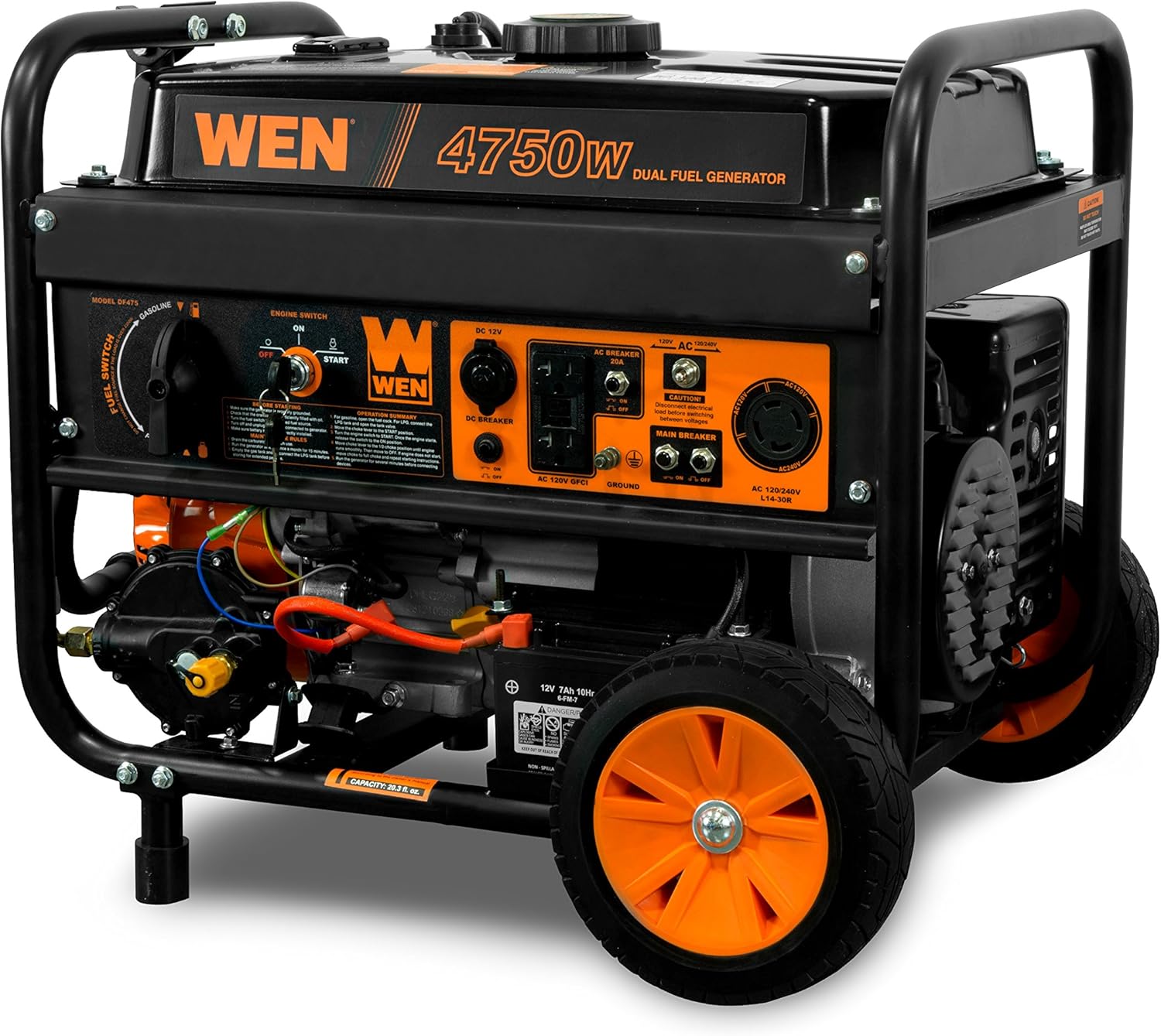 WEN 4 750-Watt 120V/240V Dual Fuel Portable Generator with Wheel Kit and Electric Start (DF475T)