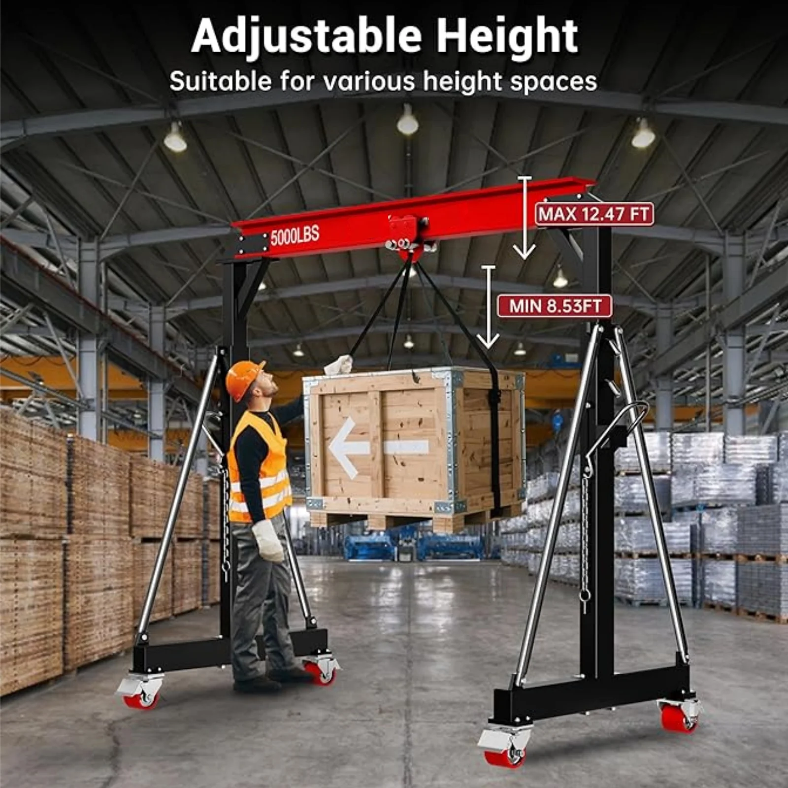 Gewna Adjustable Steel Gantry Crane, 2 Ton/ 5000 lb Capacity, 8.2-12.5ft, Portable Lift Hoist on Wheels with Manual Trolley