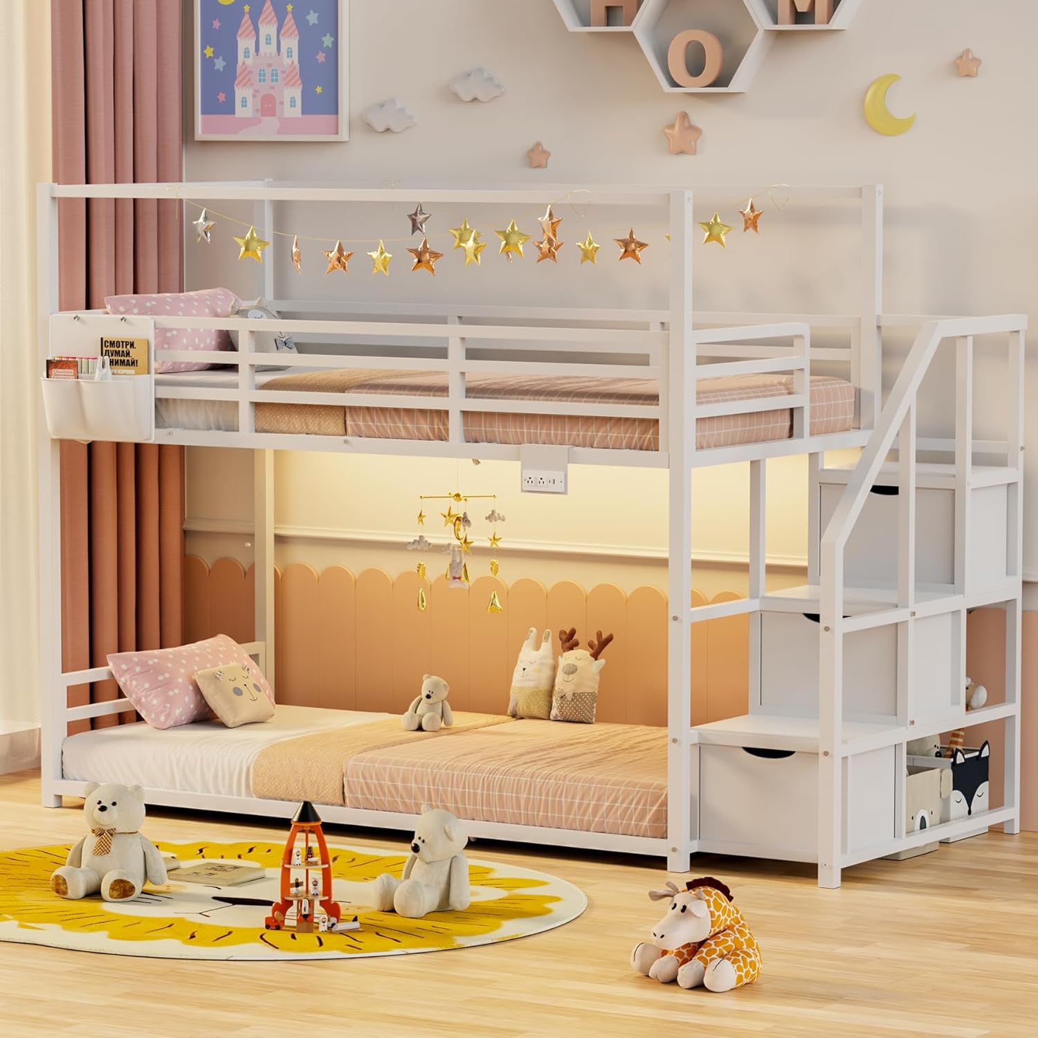 Low Bunk Bed Twin Over Twin with Storage Staircase, RGB LED Lights, Drawers & Shelves, Metal Bunk Beds for Kids with Power Outlet, Double Full-Length Guardrails & Metal Slats for Small Space, White