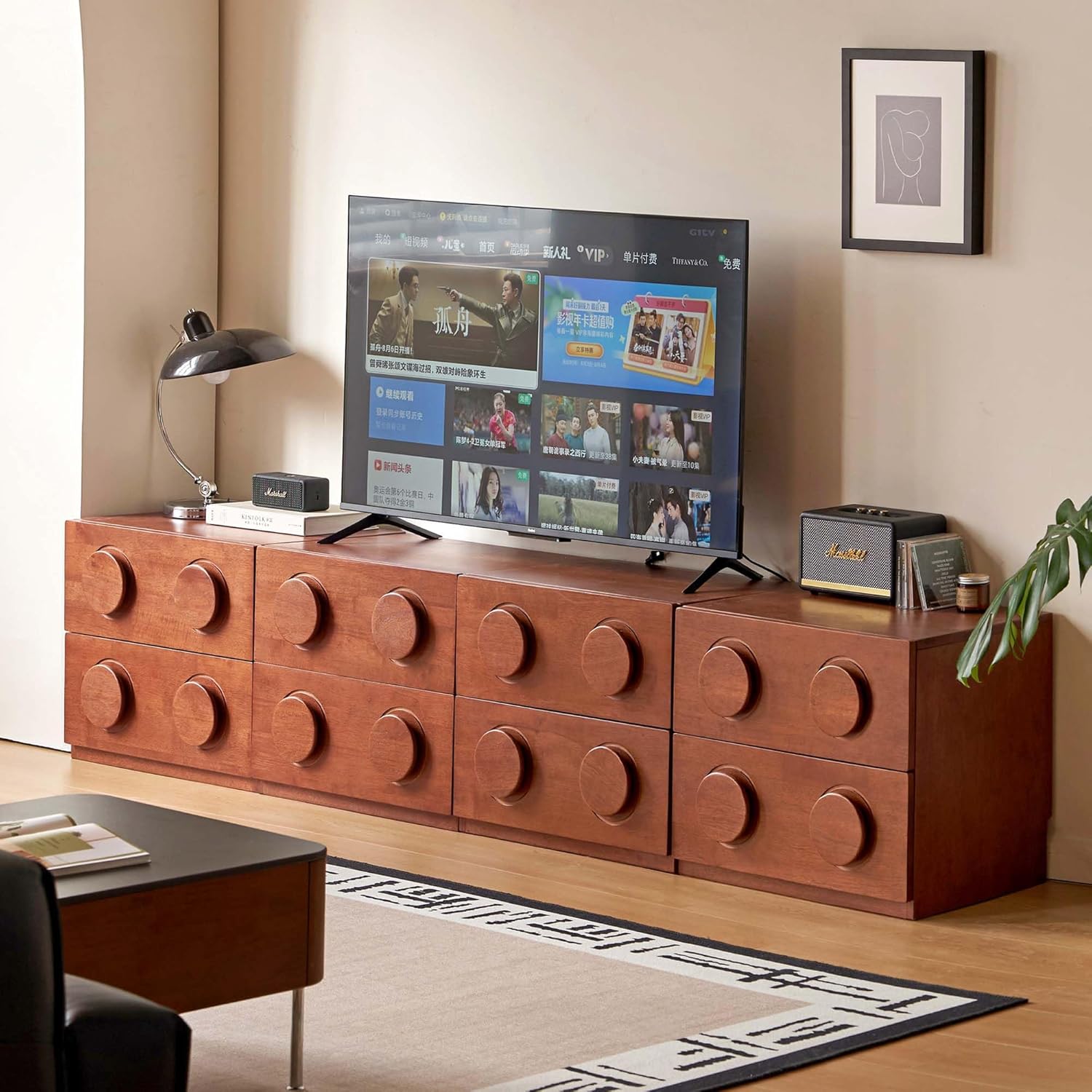 91.2''L Solid Wood TV Stand with Drawer, 4 Pcs Stackable Mid-Century Modern End Table Multifunctional TV Console Small Entertainment Center with Storage Cabinets for Bedroom Living Room