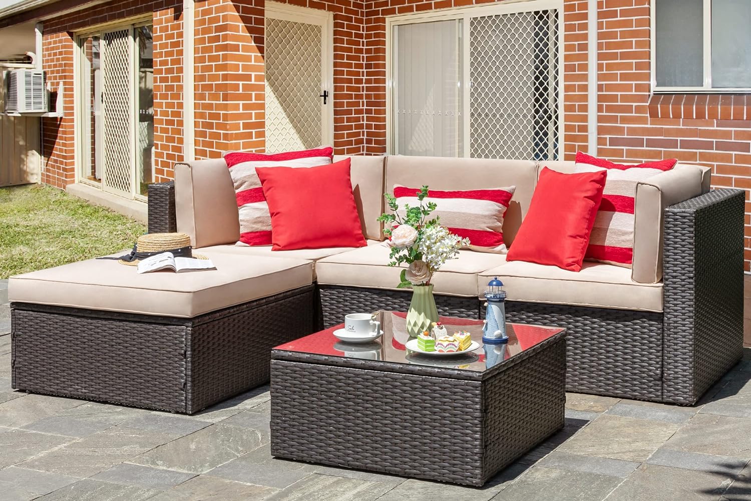 Vongrasig 5 Piece Patio Furniture Sets  Outdoor Patio Set Sectional Sofa  All-Weather PE Rattan Outdoor Couch with Ottoman  Glass Table for Garden  Backyard  Porch  Beige