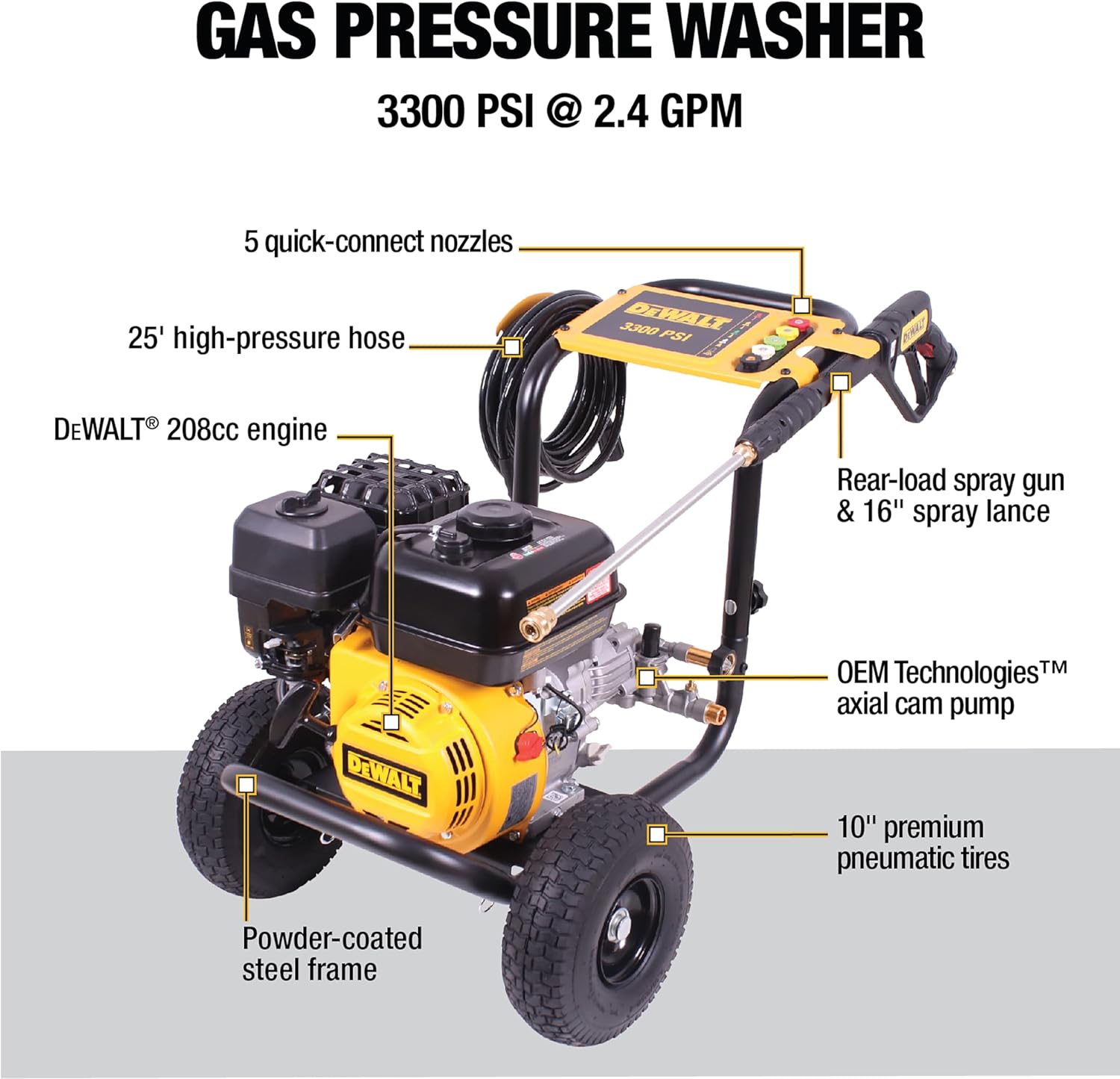 DeWalt 3300 PSI Gas Pressure Washer  5 Nozzles  Spray Gun  Wand  25-ft. Hose  DXPW3300-S  49-State