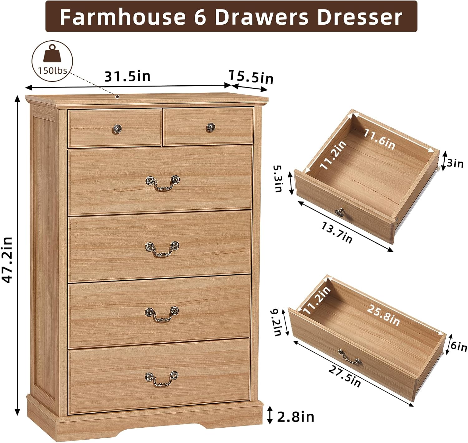 6 Drawer Dresser,Farmhouse Wood Chest of Drawers for Bedroom,47