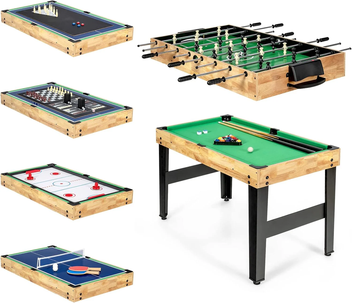 Multi-functional game table, 10-function combined game table, including a football table, air hockey table, billiards table, table tennis table, beach volleyball table, bowling table and 4 types of tabletop games. Green model.