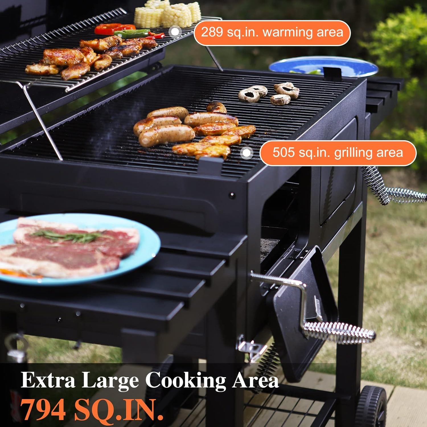Sophia & William Extra Large Charcoal BBQ Grills with 794 SQ.IN. Cooking Area  Heavy Duty Outdoor Barbecue Grill with 2 Individual Lifting Charcoal Tray and 2 Foldable Side Table  Black