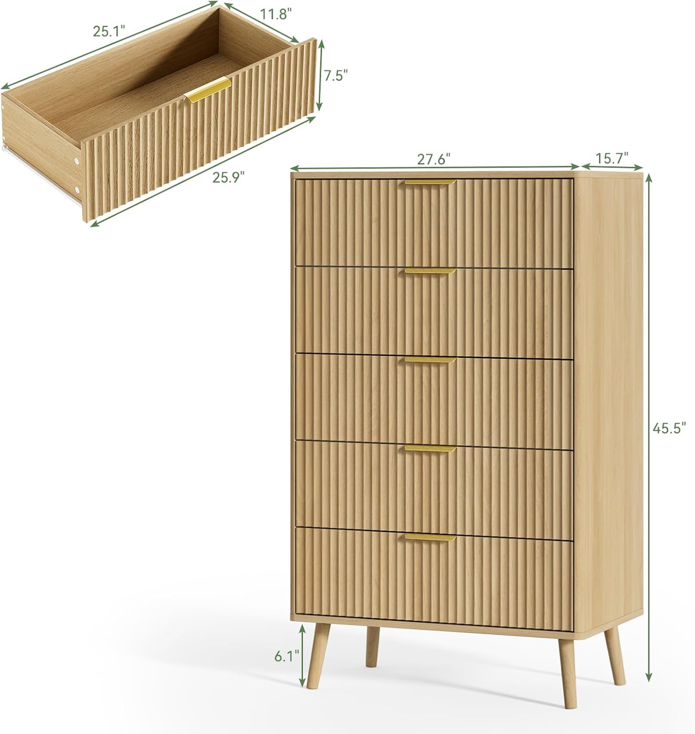 LYNSOM Fluted 5 Drawers Dresser, 45