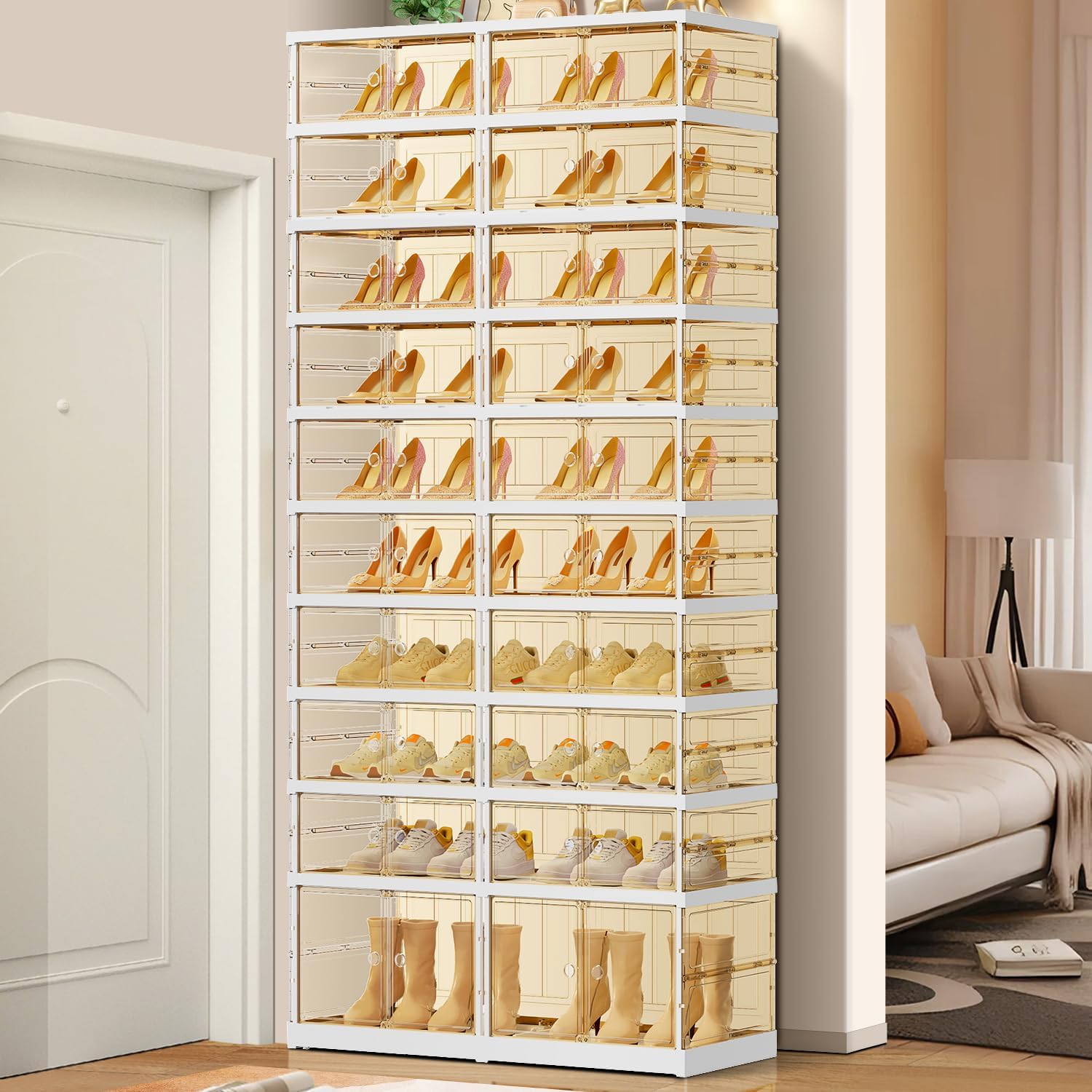 10 Tiers 20-40 Pairs Foldable Shoe Rack for Closet Plastic Stackable Shoe Boxes for Garage Collapsible Shoes Shelf with Doors Storage Organizer Cabinet Quick Assembly,Brown