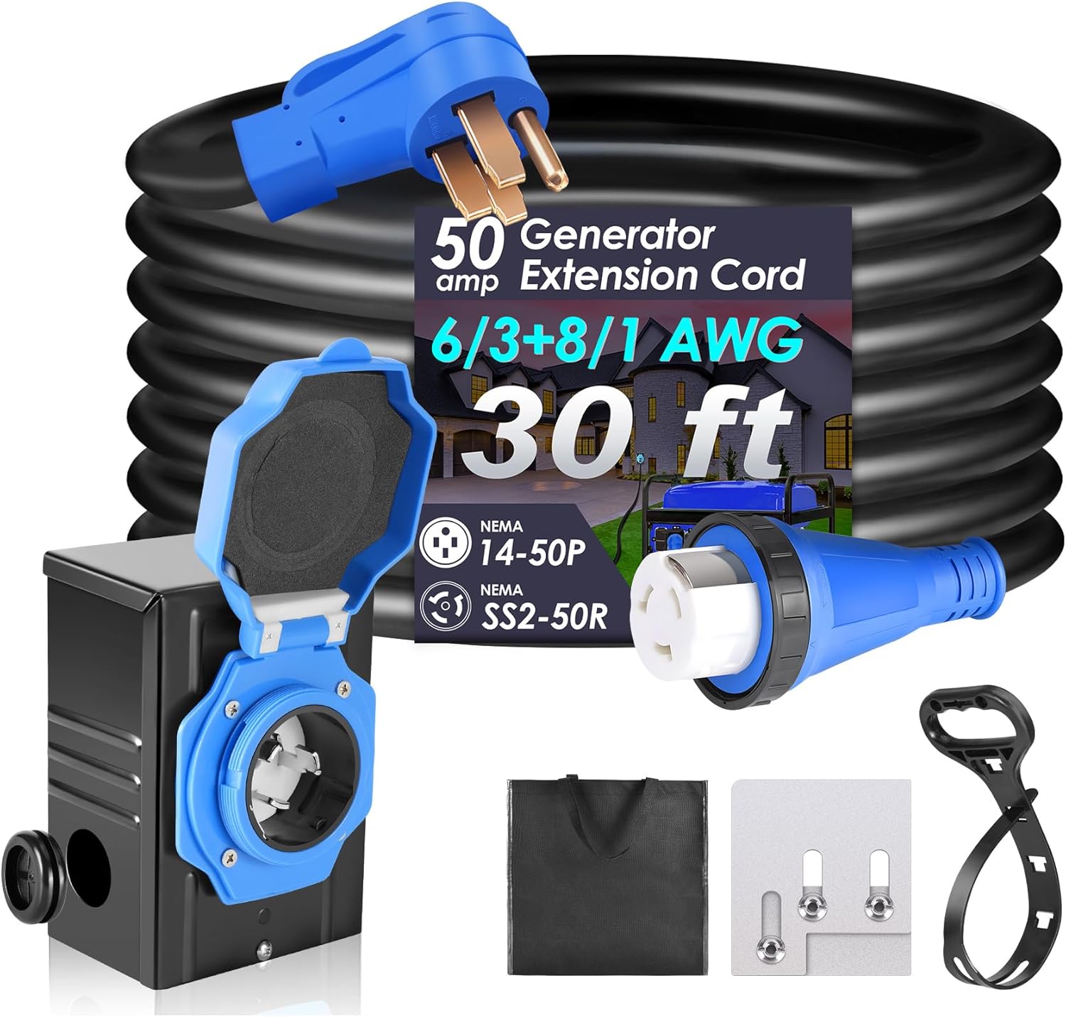 Seeutek 50 Amp Generator Cord  4 Prong 30 FT Generator Extension Cord with Pre-drilled Power Inlet Box & Interlock Kit  NEMA 14-50P/SS2-50P Functional Cable  High Conductivity  ETL Listed