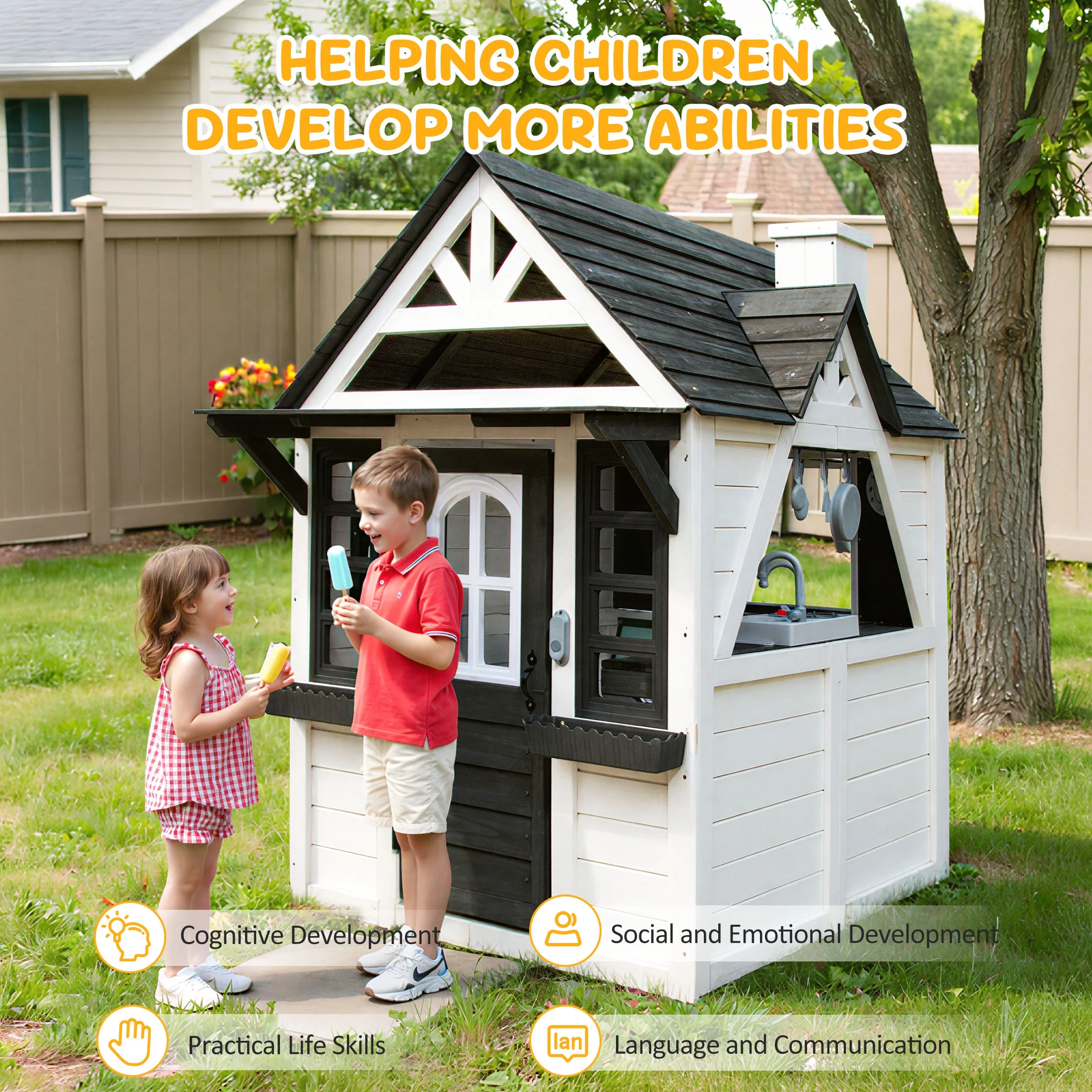 COCLUB Outdoor Playhouse for Kids Ages 4-8, Wooden Play House with Doorbell, Phone, Kitchen Toys, Outdoor Kids Play Equipment, Casa Para Niñas (45”L x 65”H), White & Black