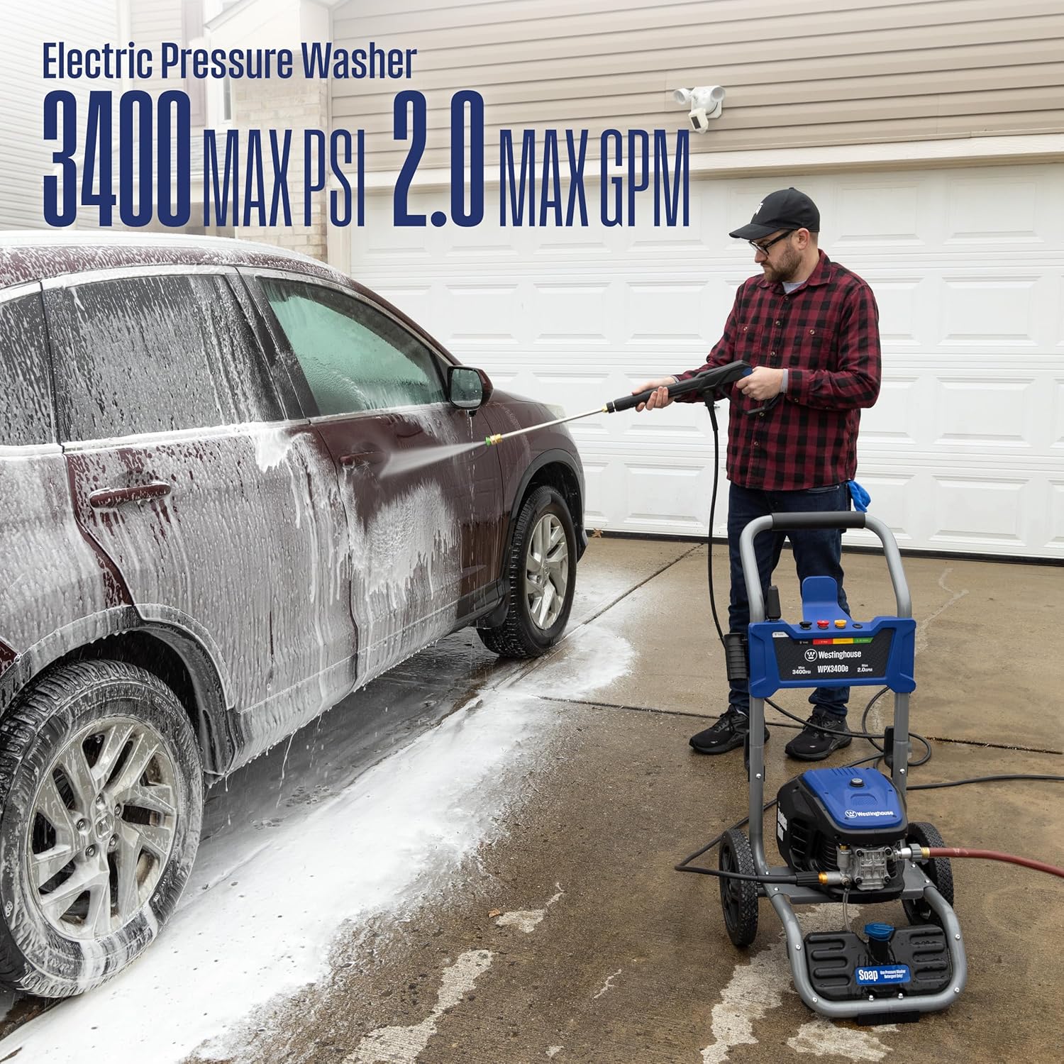 Westinghouse WPX3400e Electric Pressure Washer  3400 Max PSI and 2.0 Max GPM  Brushless Motor  Onboard Soap Tank  Spray Gun and Wand  5 Nozzle Set  for Cars/Fences/Driveways/Homes/Patios/Furniture