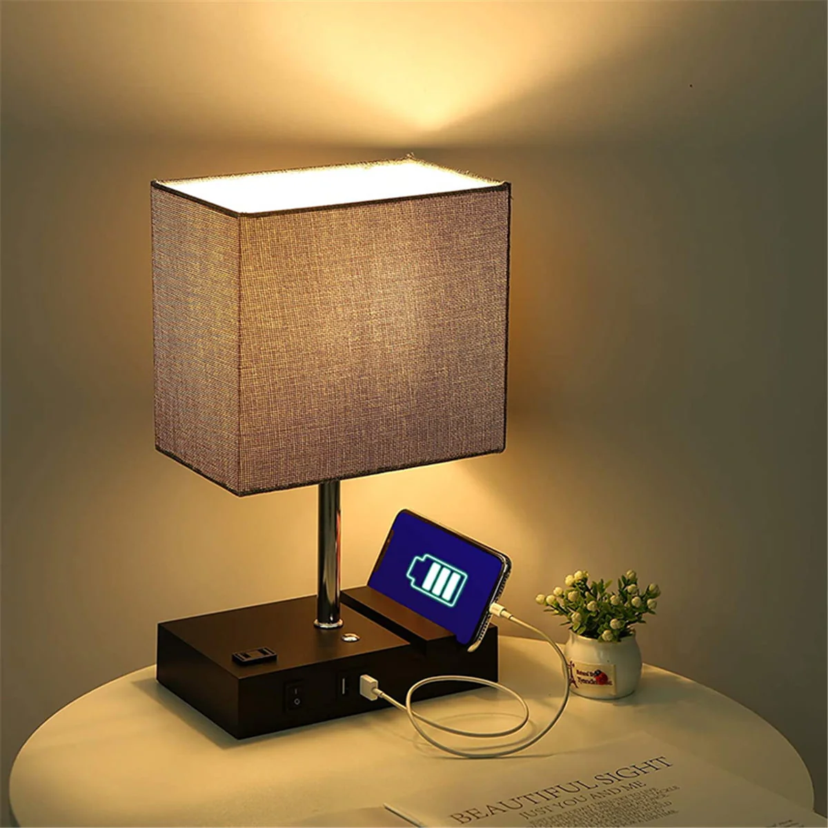Touch Control Table Lamp with 2 USB Charging Ports, 1 AC Outlets and 2 Phone Stands, Modern USB Desk Lamp with Black Wooden Base and Grey Shade Suitable for Bedroom, Living Room