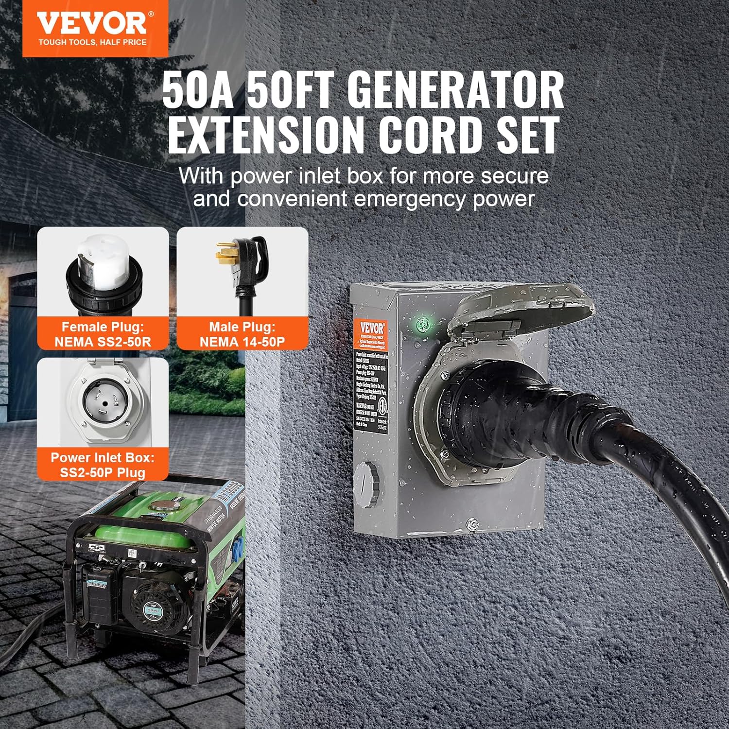 VEVOR 50 Amp Generator Cord and Power Inlet Box Kit  50FT Generator Extension Cord NEMA 14-50P/SS2-50R STW 6/3+8/1 AWG with Twist Lock Connector  Pre-Drilled Inlet Box  ETL Listed