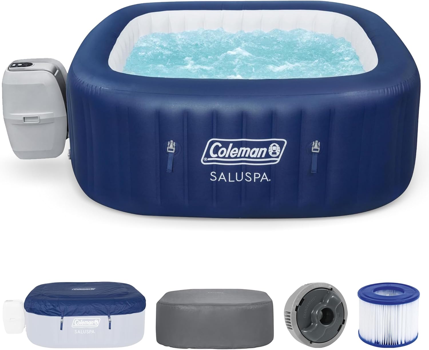 Coleman SaluSpa Atlantis AirJet Inflatable Hot Tub  4 to 6 Person Square Portable Outdoor Spa with 140 Air Jets  App Control and EnergySense Insulated Cover  71