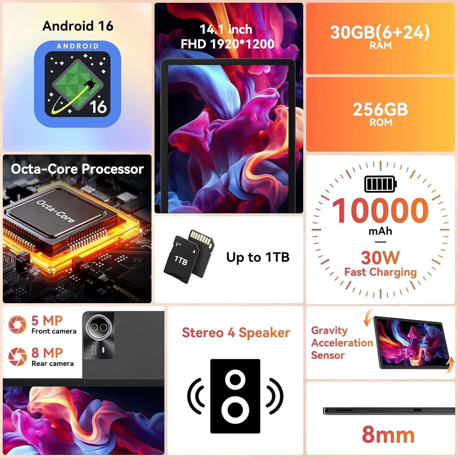 Tablet｜14 inch Android 16 Tablet｜30GB RAM 256GB ROM｜1920 * 1200 IPS FHD｜10000mAh 30W Fast Charging｜Octa-core Processor｜Wi-Fi 6, BT 5.4｜Dual Camera with Keyboard｜Mouse｜Stylus｜Case｜Headphone