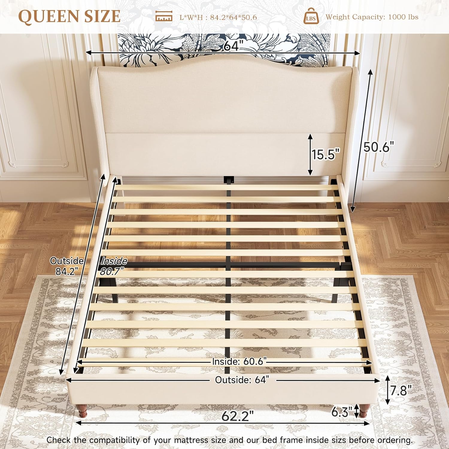 koorlian Queen Size Bed Frame Upholstered Platform Bed with 51